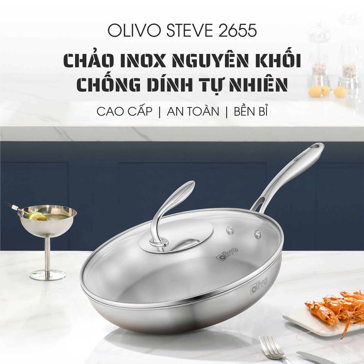 CHẢO INOX OLIVO STEVE 2655 – Chống Dính Tự Nhiên, An Toàn Cho Sức Khỏe, Đường Kính 26cm, Sâu 5.5cm, Nấu Được Trên Mọi Loại Bếp