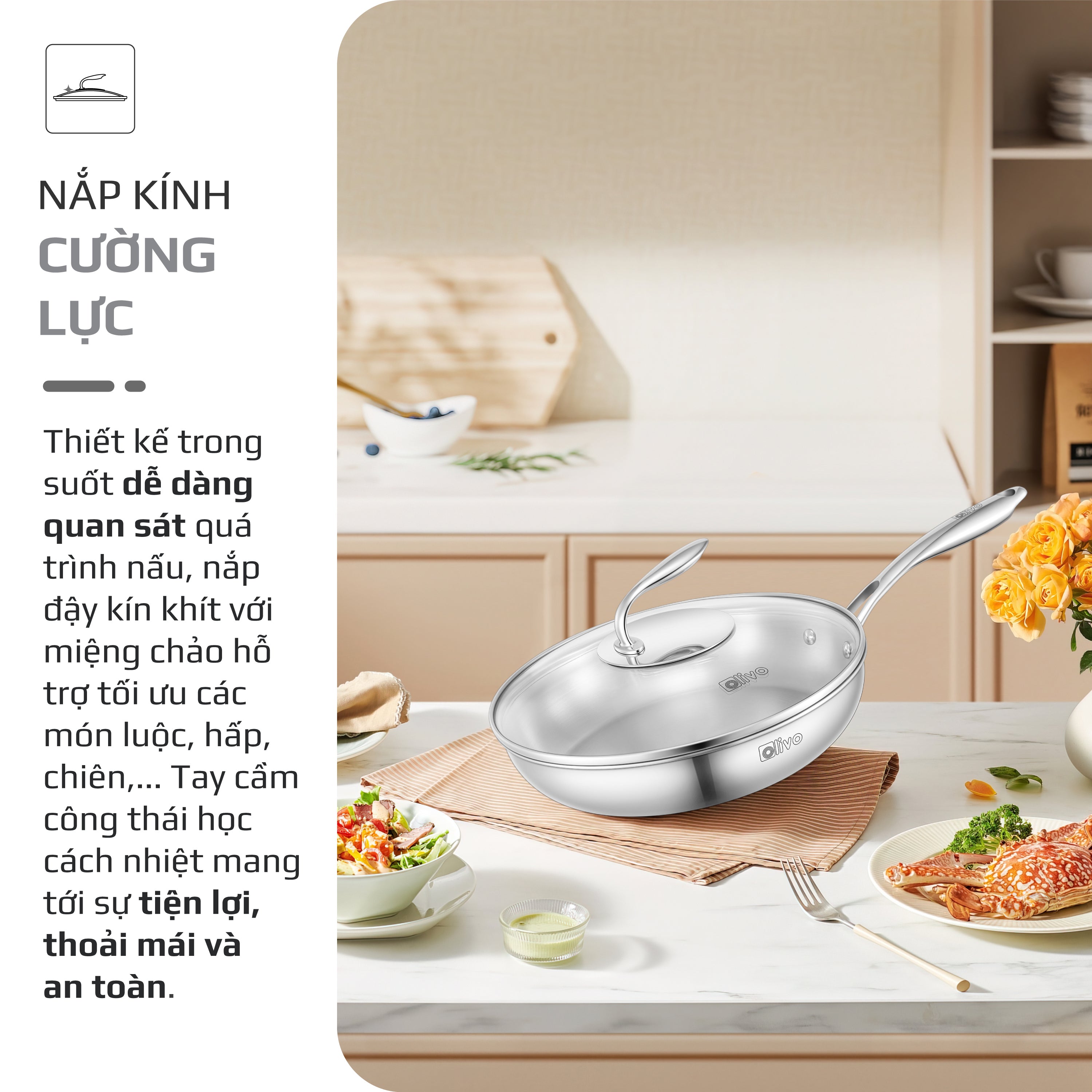 CHẢO INOX OLIVO STEVE 2655 – Chống Dính Tự Nhiên, An Toàn Cho Sức Khỏe, Đường Kính 26cm, Sâu 5.5cm, Nấu Được Trên Mọi Loại Bếp