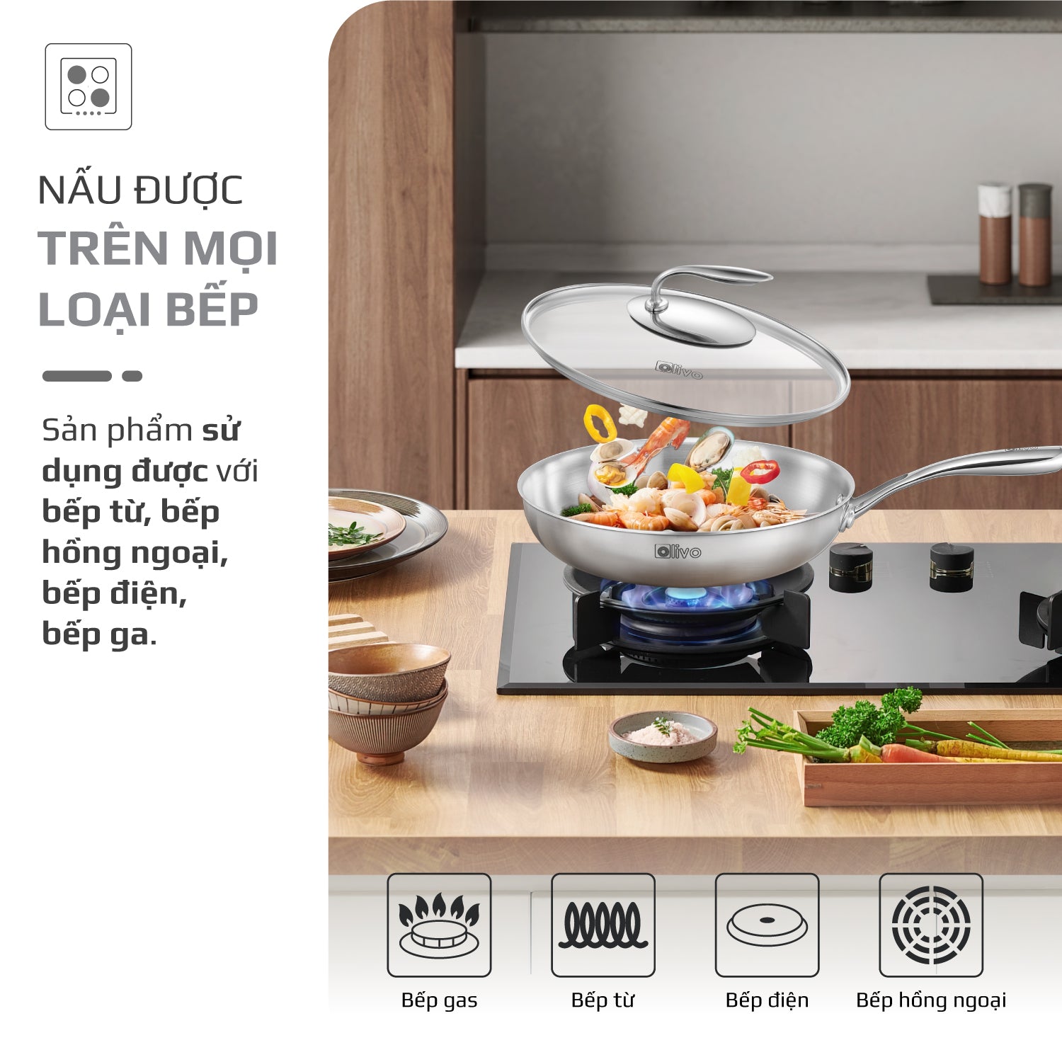 CHẢO INOX OLIVO STEVE 2655 – Chống Dính Tự Nhiên, An Toàn Cho Sức Khỏe, Đường Kính 26cm, Sâu 5.5cm, Nấu Được Trên Mọi Loại Bếp