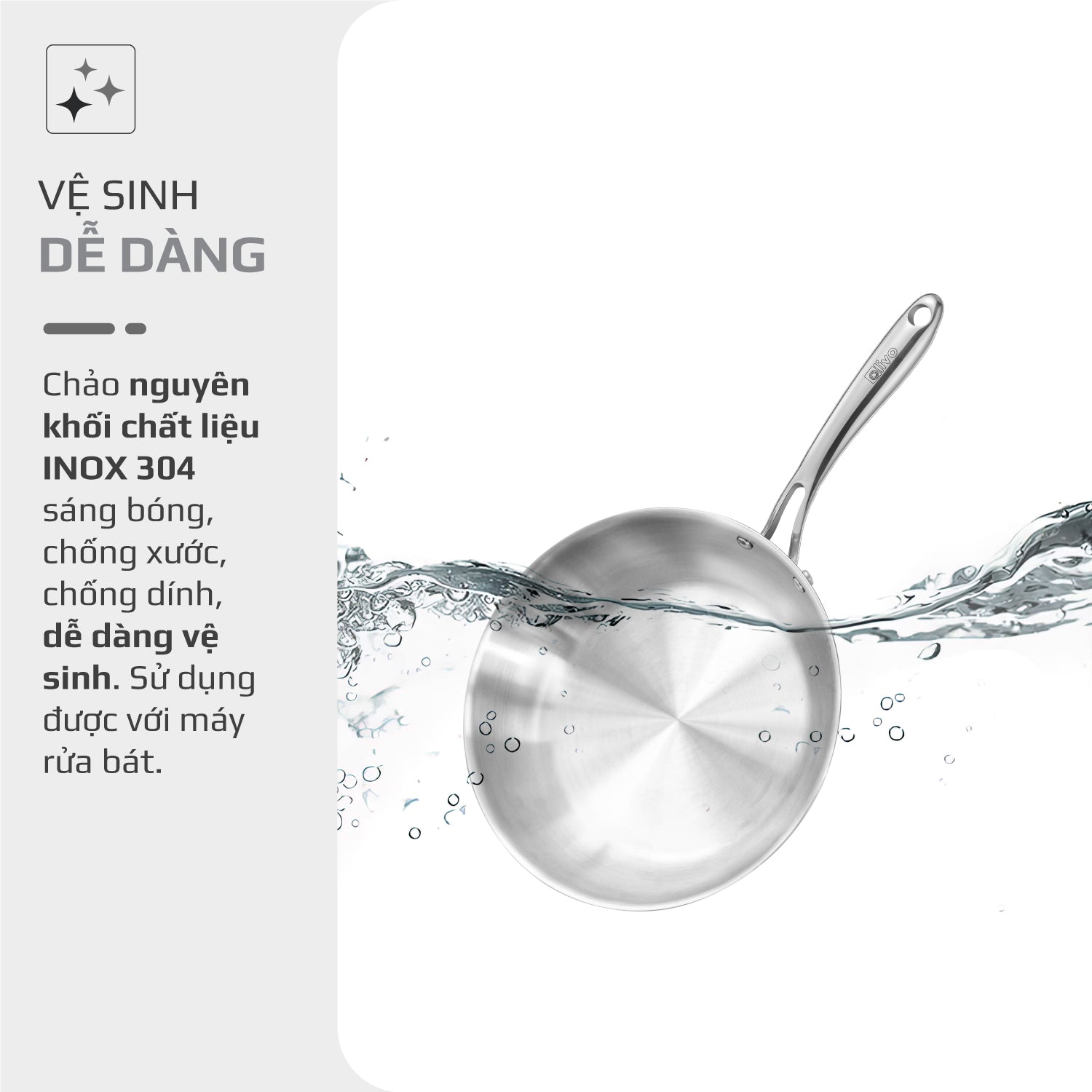CHẢO INOX OLIVO STEVE 2655 – Chống Dính Tự Nhiên, An Toàn Cho Sức Khỏe, Đường Kính 26cm, Sâu 5.5cm, Nấu Được Trên Mọi Loại Bếp