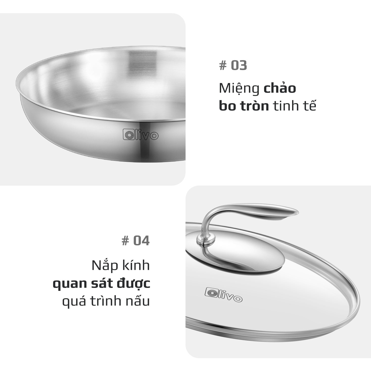 CHẢO INOX OLIVO STEVE 2655 – Chống Dính Tự Nhiên, An Toàn Cho Sức Khỏe, Đường Kính 26cm, Sâu 5.5cm, Nấu Được Trên Mọi Loại Bếp