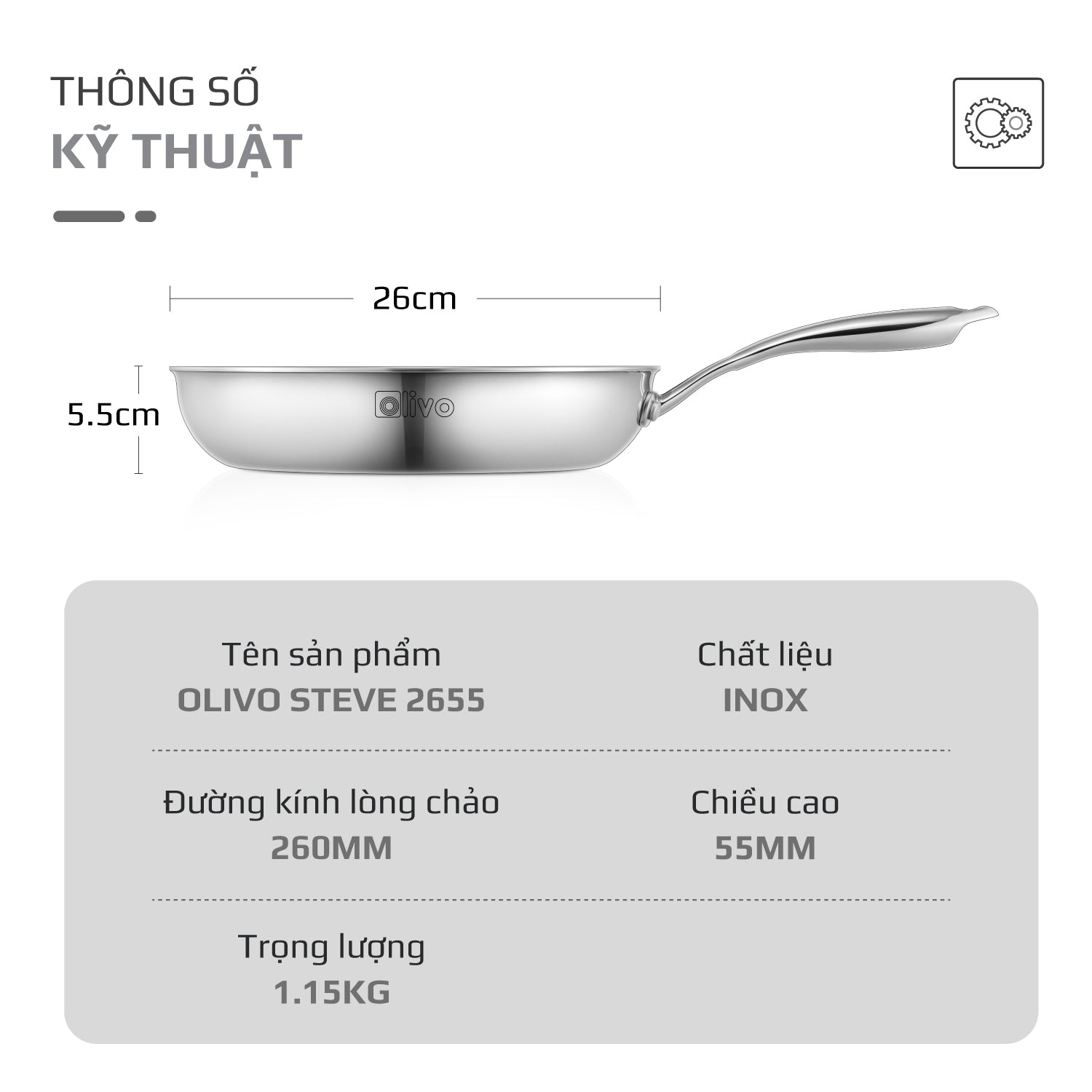 CHẢO INOX OLIVO STEVE 2655 – Chống Dính Tự Nhiên, An Toàn Cho Sức Khỏe, Đường Kính 26cm, Sâu 5.5cm, Nấu Được Trên Mọi Loại Bếp