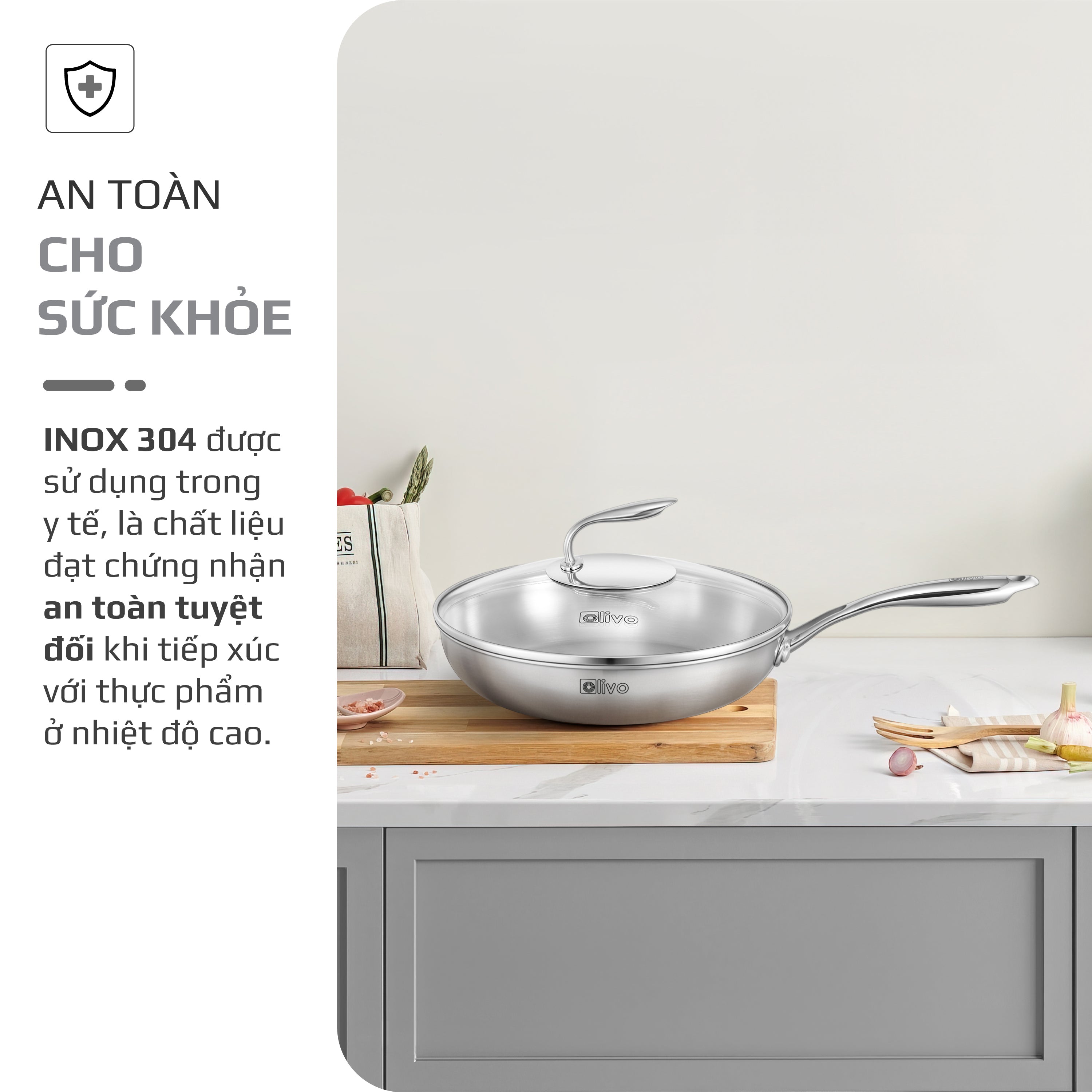 CHẢO INOX OLIVO STEVE 2655 – Chống Dính Tự Nhiên, An Toàn Cho Sức Khỏe, Đường Kính 26cm, Sâu 5.5cm, Nấu Được Trên Mọi Loại Bếp