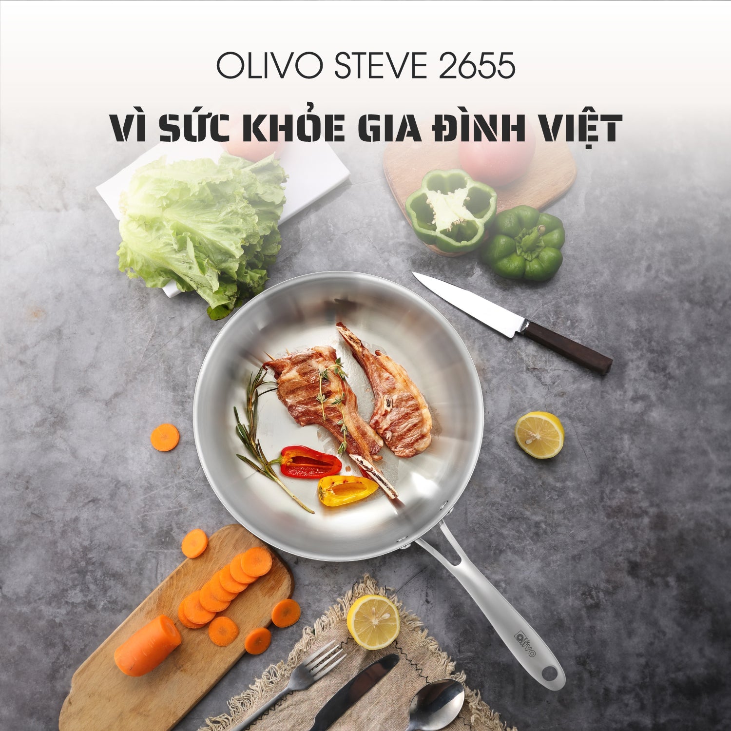 CHẢO INOX OLIVO STEVE 2655 – Chống Dính Tự Nhiên, An Toàn Cho Sức Khỏe, Đường Kính 26cm, Sâu 5.5cm, Nấu Được Trên Mọi Loại Bếp