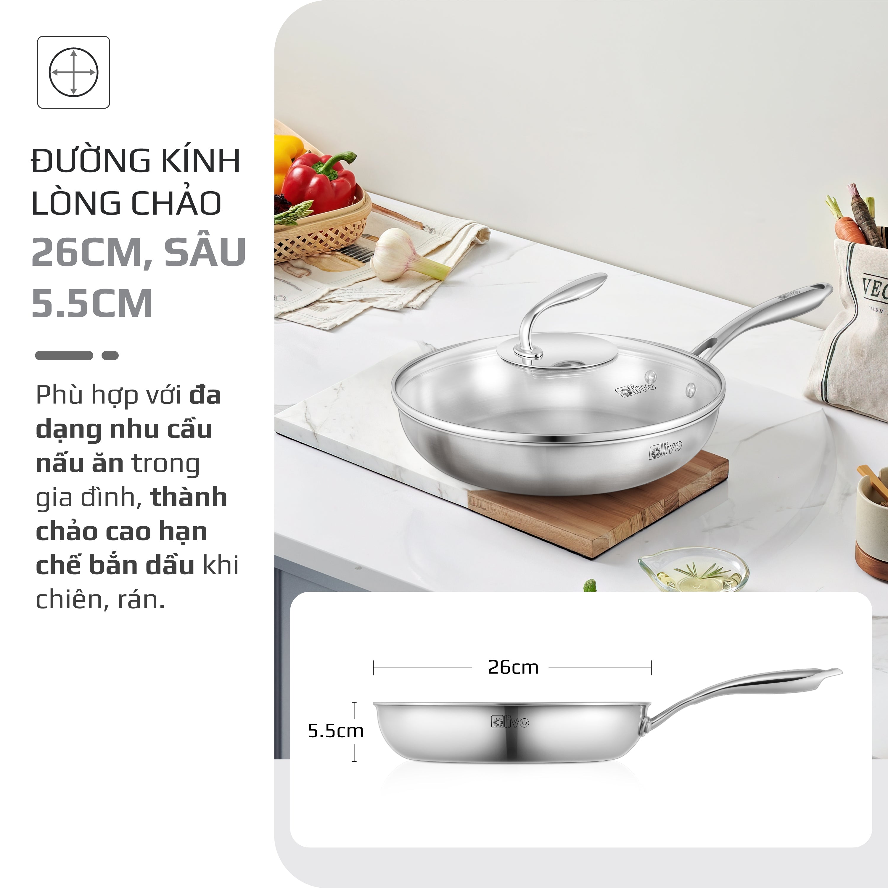 CHẢO INOX OLIVO STEVE 2655 – Chống Dính Tự Nhiên, An Toàn Cho Sức Khỏe, Đường Kính 26cm, Sâu 5.5cm, Nấu Được Trên Mọi Loại Bếp
