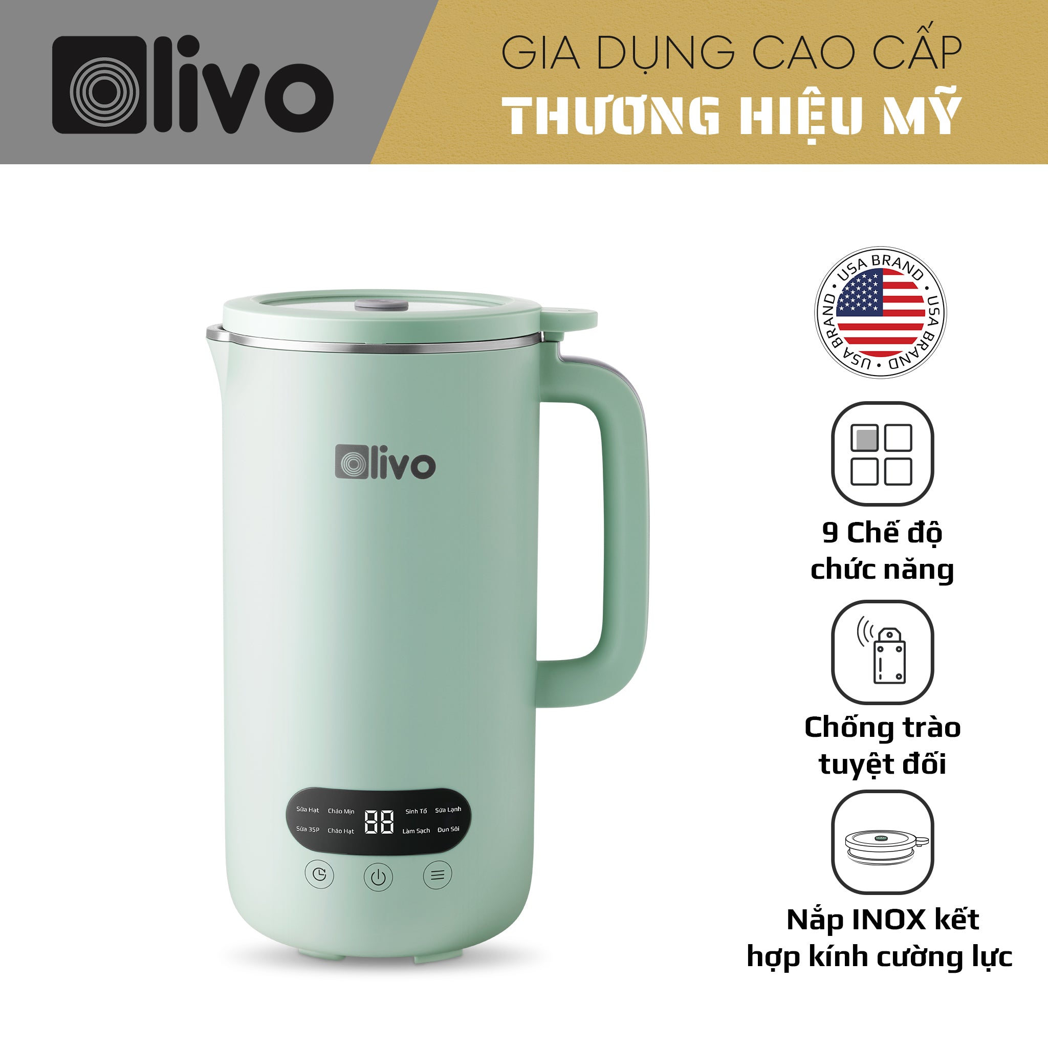 Máy Xay Nấu Đa Năng OLIVO CB1000 - Dung Tích 1L, Nắp INOX Kết Hợp Kính Cường Lực Duy Nhất Trên Thị Trường, Công Suất 880W, 9 Chế Độ, Chống Trào Tuyệt Đối