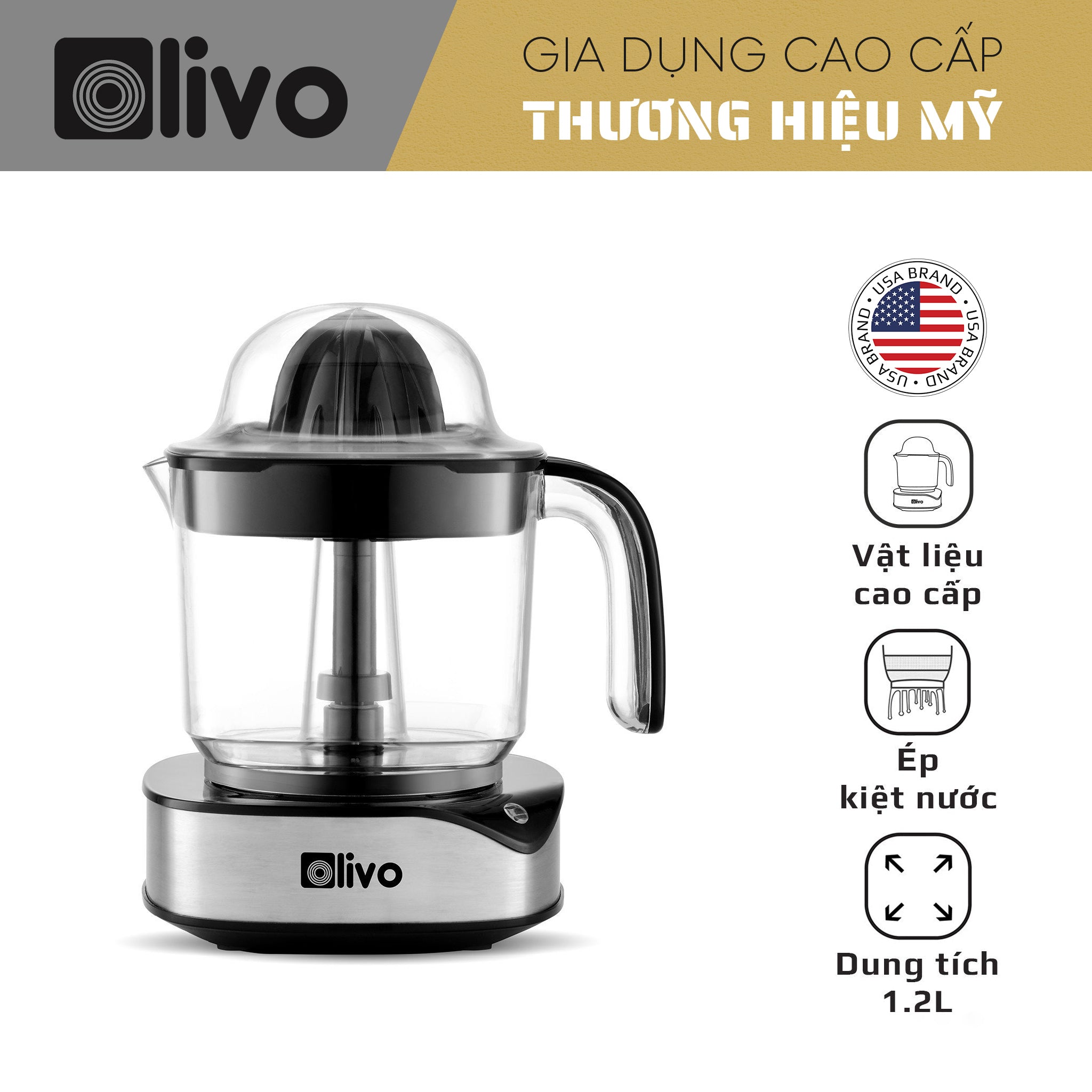 Máy Vắt Cam OLIVO CJ12 - Dung tích lớn 1.2L, Có Hai Đầu Vắt Lớn - Nhỏ, Công Suất 40W, Vắt Kiệt Nước, Sử Dụng Dễ Dàng