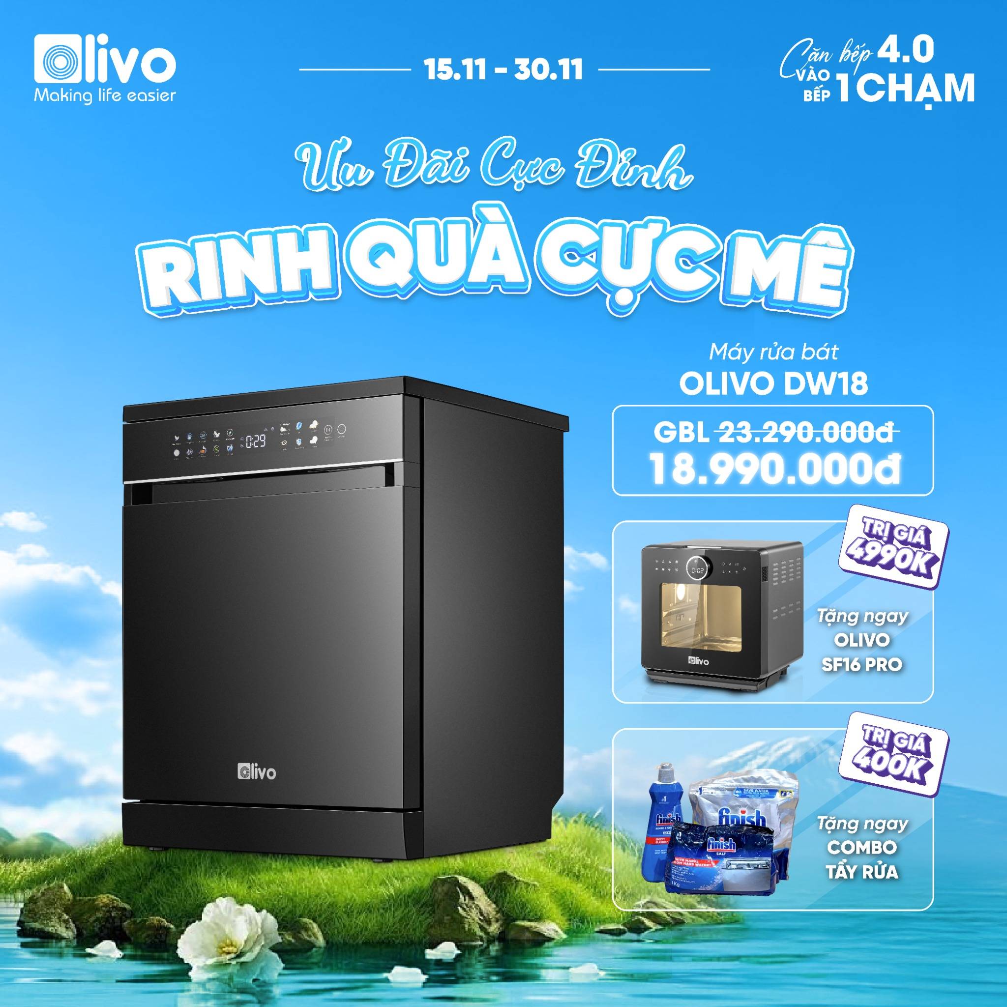 Máy Rửa Bát OLIVO DW18 - 3 Giỏ Linh Hoạt - Tải Trọng 18 Bộ Bát Đĩa - Sấy Turbo EcoDry - Rửa Hydro360 Wash -16 Chương Trình - Khử Khuẩn UV