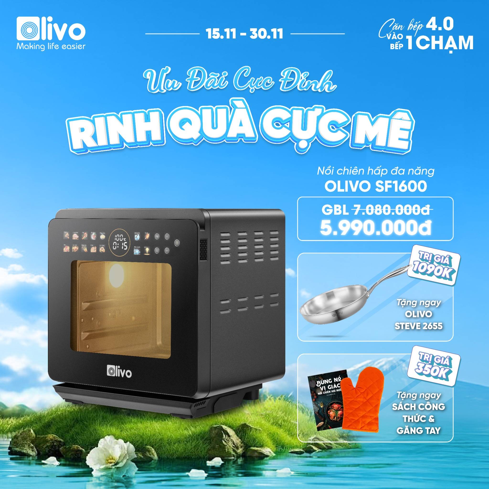 Nồi Chiên Hấp Đa Năng OLIVO SF1600 - Phiên bản Đặc Biệt cao cấp nhất, Màn hình OLED hiện đại, 70 chế độ cài sẵn, Dung tích 16L, Vệ sinh dễ dàng
