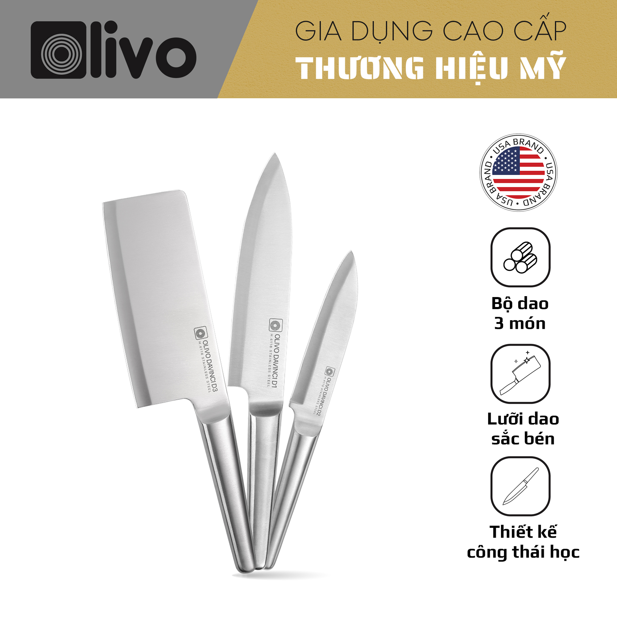 Bộ Dao 3 Món OLIVO DAVINCI - Vật Liệu Cao Cấp - Lưỡi Dao Sắc Bén - Thiết Kế Công Thái Học - Chuôi INOX 430 Siêu Bền