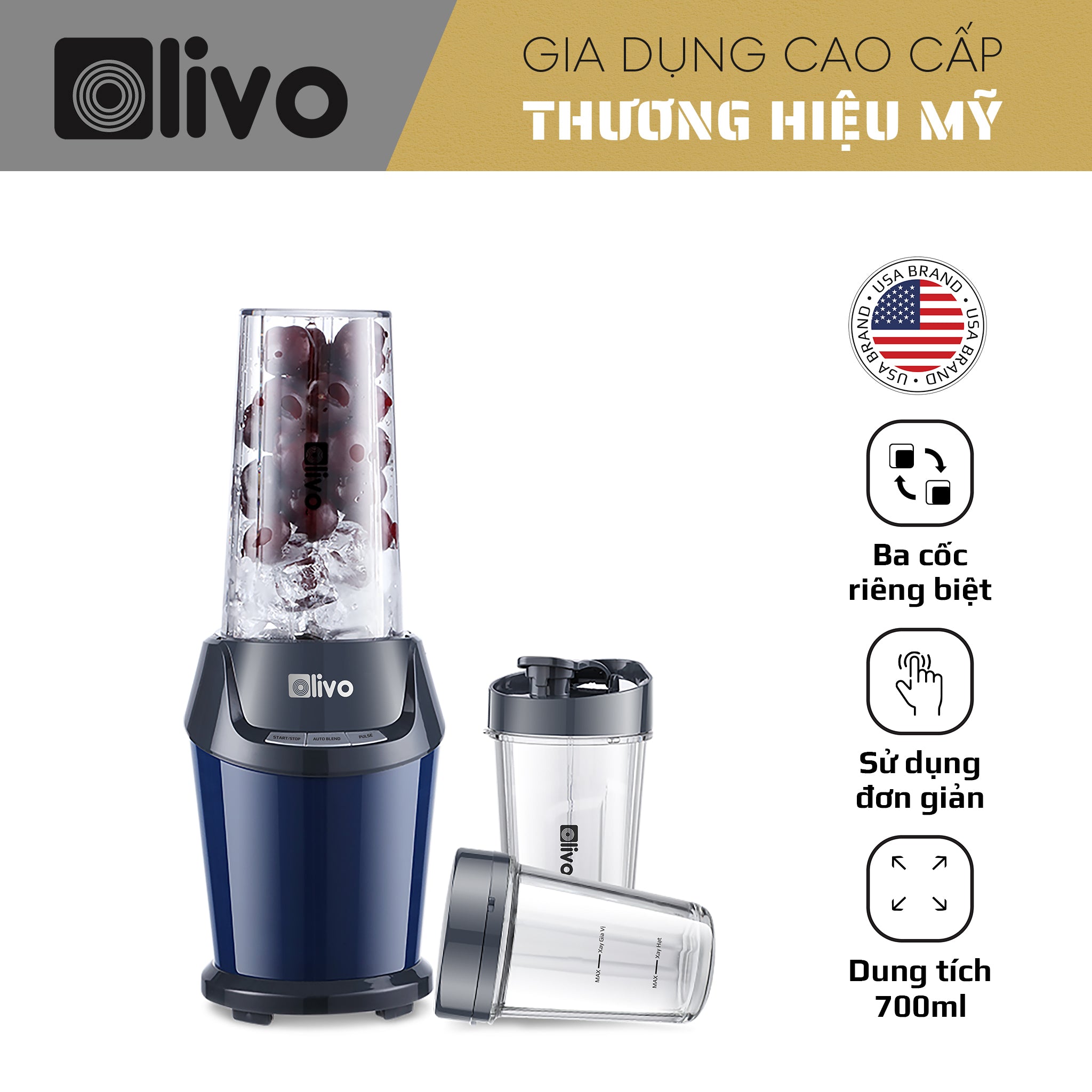 Máy Xay Sinh Tố OLIVO MB1000 - Ba Cốc Xay Linh Hoạt - Xay Đá Bào, Xay Sinh Tố, Smoothie, Đồ Ăn Dặm Cho Bé, Xay Đồ Khô - Công Suất Lớn 1000W