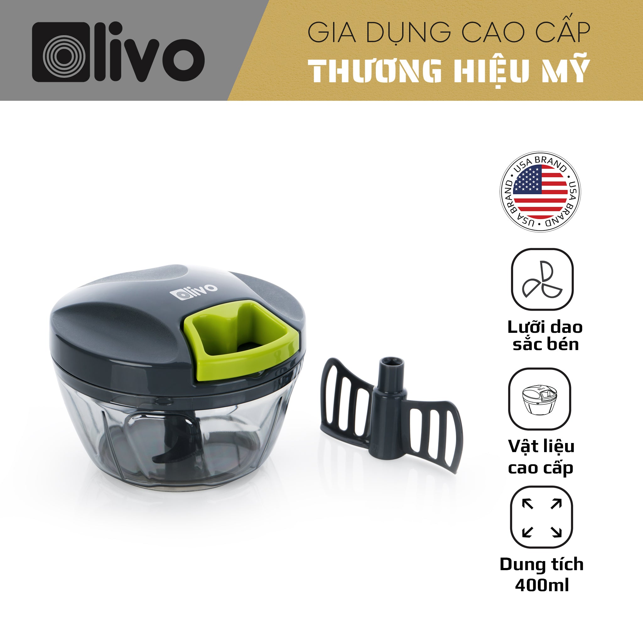 Dụng Cụ Xay Thực Phẩm Đa Năng Mini OLIVO MPC400A – Xay Tỏi Ớt, Xay Thịt, Xay Hạt Nhanh Chóng – Dây Kéo Chắc Chắn – Dung Tích 400ML – Dễ Dàng Vệ Sinh