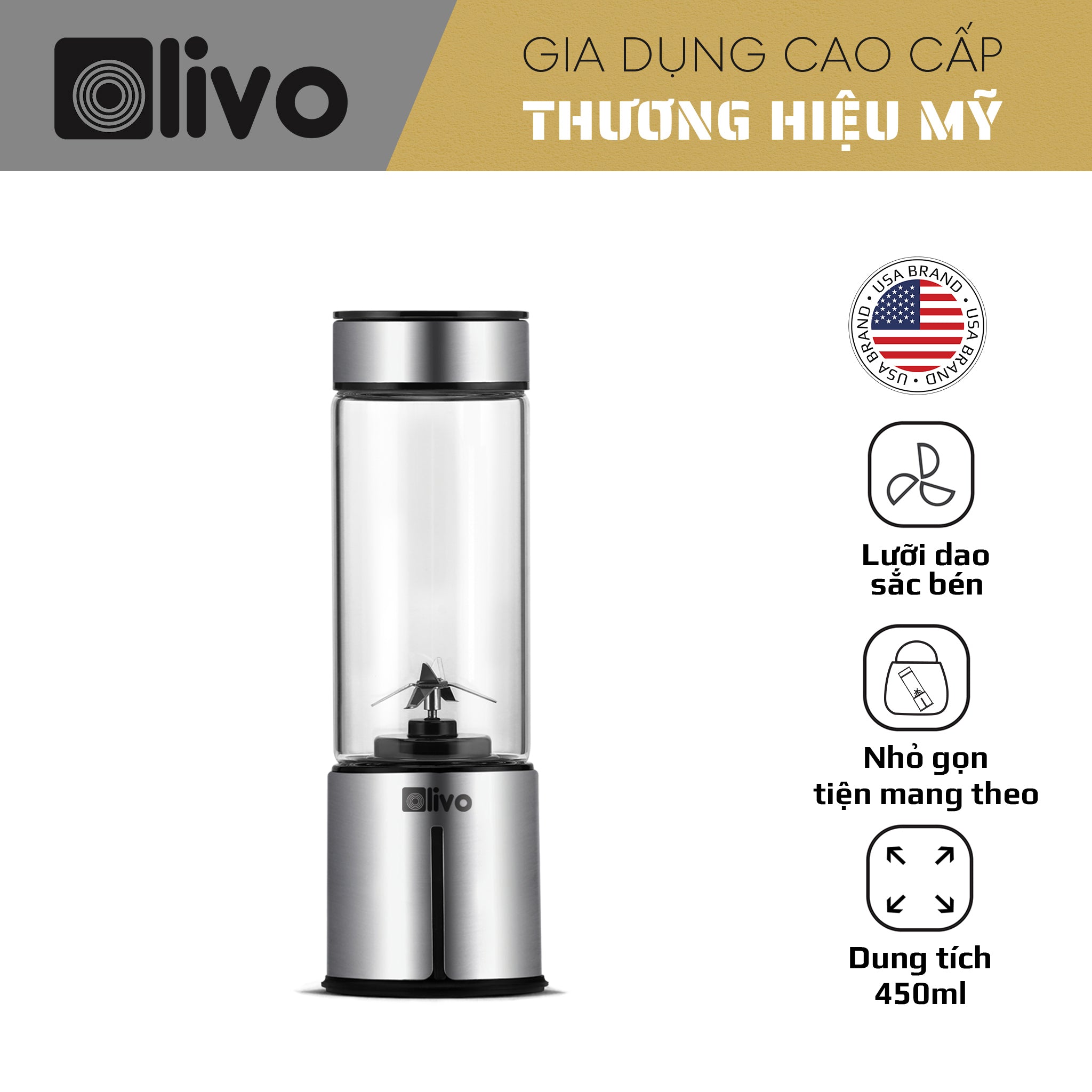 Máy Xay Sinh Tố Cầm Tay OLIVO PB01 – Xay Được Đá Viên, Sạc Pin Sử Dụng Không Cần Dây – Nhỏ Gọn, Cao Cấp, Tiện Lợi, Dung Tích 450ML