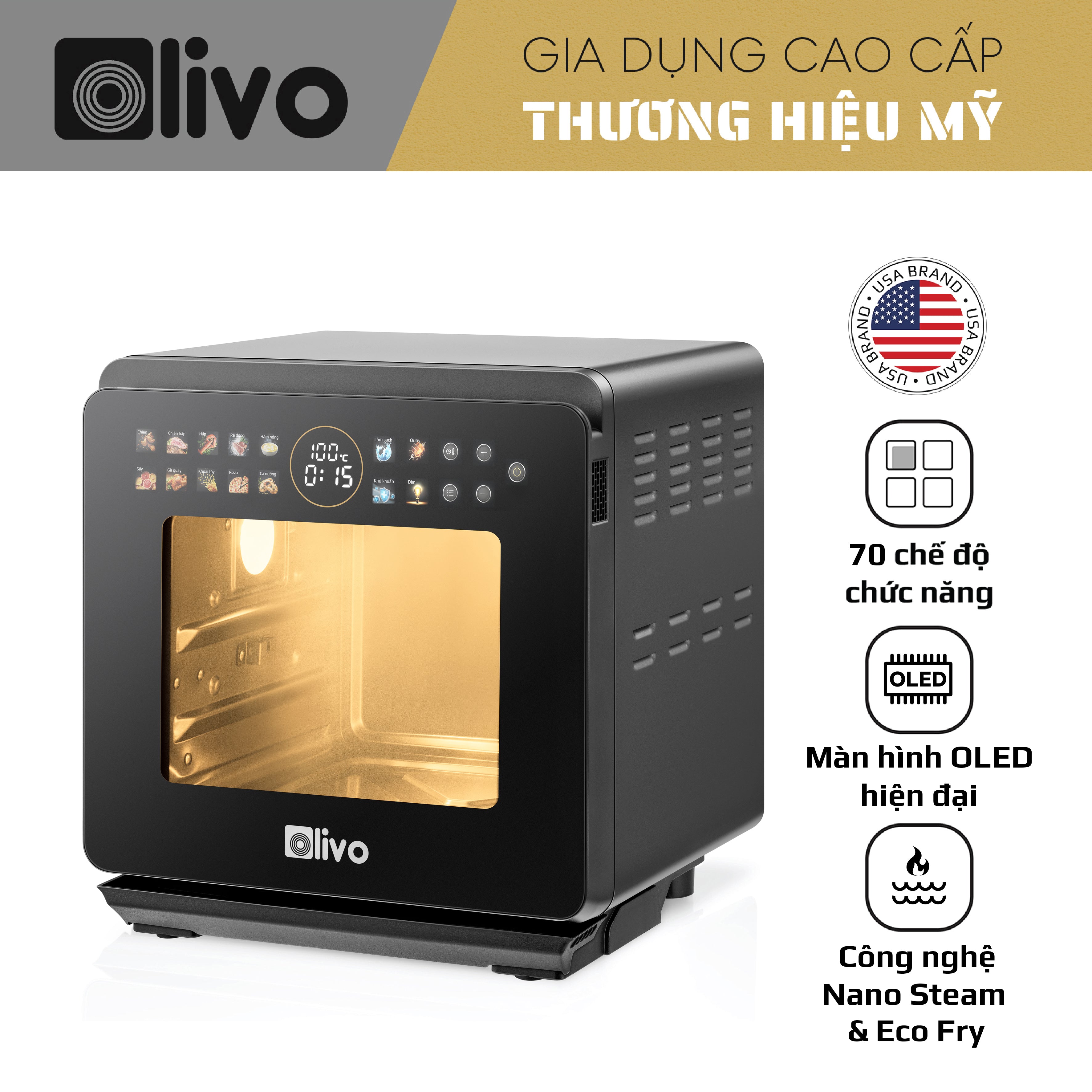 Nồi Chiên Hấp Đa Năng OLIVO SF1600 - Phiên bản Đặc Biệt cao cấp nhất, Màn hình OLED hiện đại, 70 chế độ cài sẵn, Dung tích 16L, Vệ sinh dễ dàng
