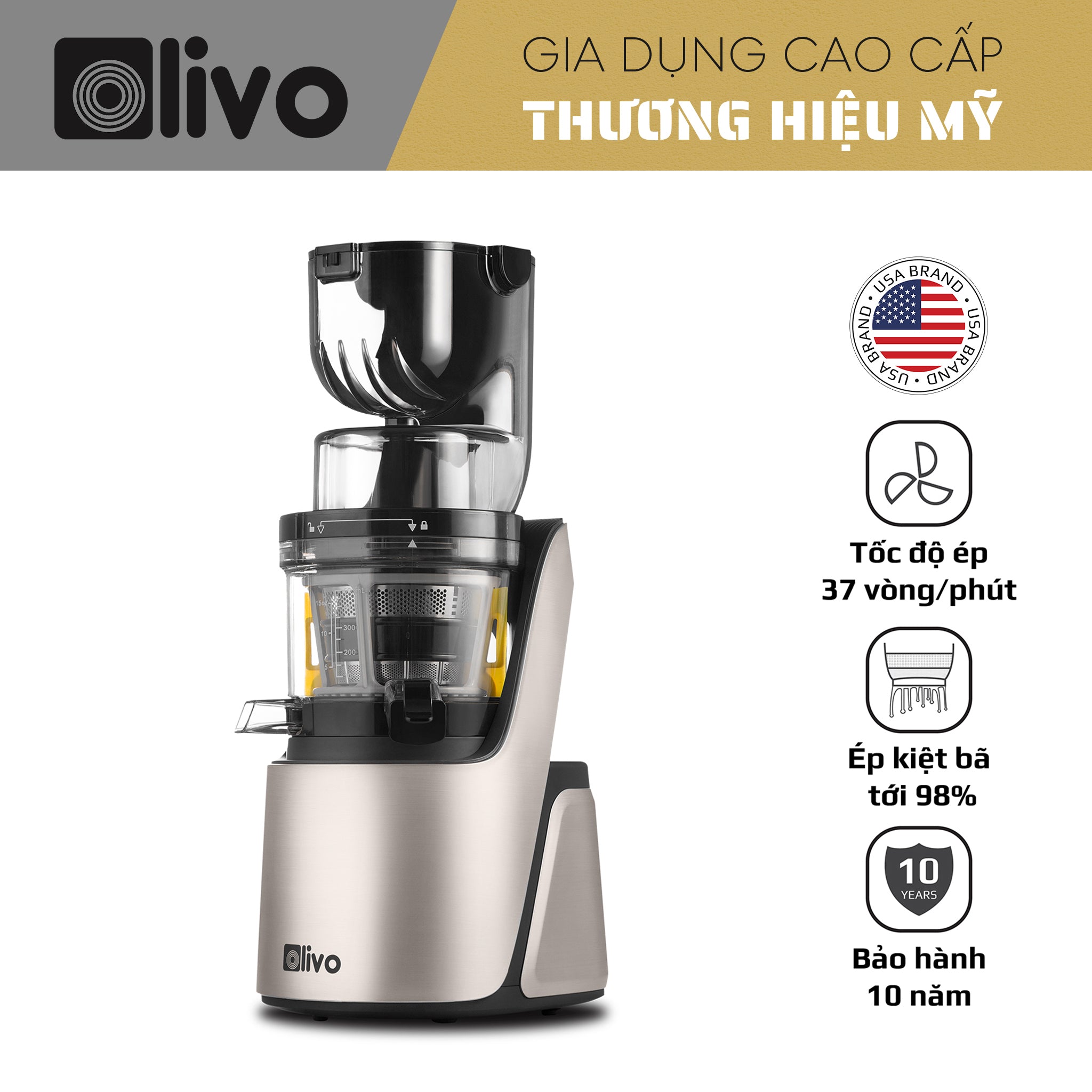 Máy Ép Chậm OLIVO SJ189 Cao Cấp - Ép Trái Cây - Rau Củ Quả - Làm Kem - BH 10 Năm