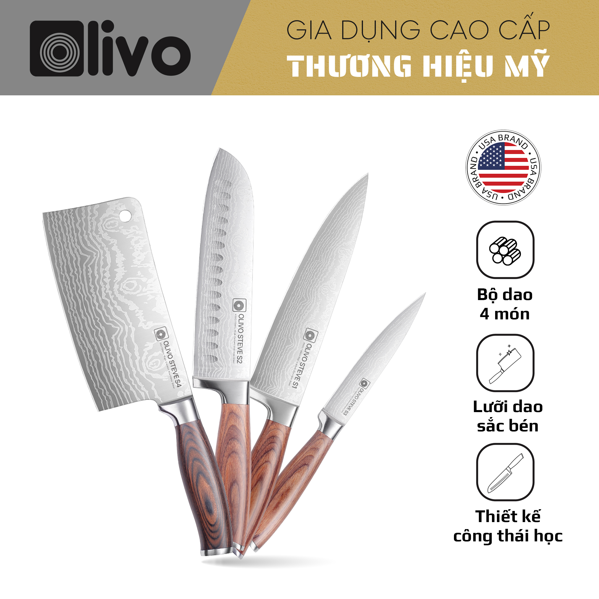 Bộ Dao 4 Món OLIVO STEVE - Vật Liệu Cao Cấp - Chuôi Gỗ Hồng - Thiết Kế Công Thái Học - Lưỡi Dao Sắc Bén