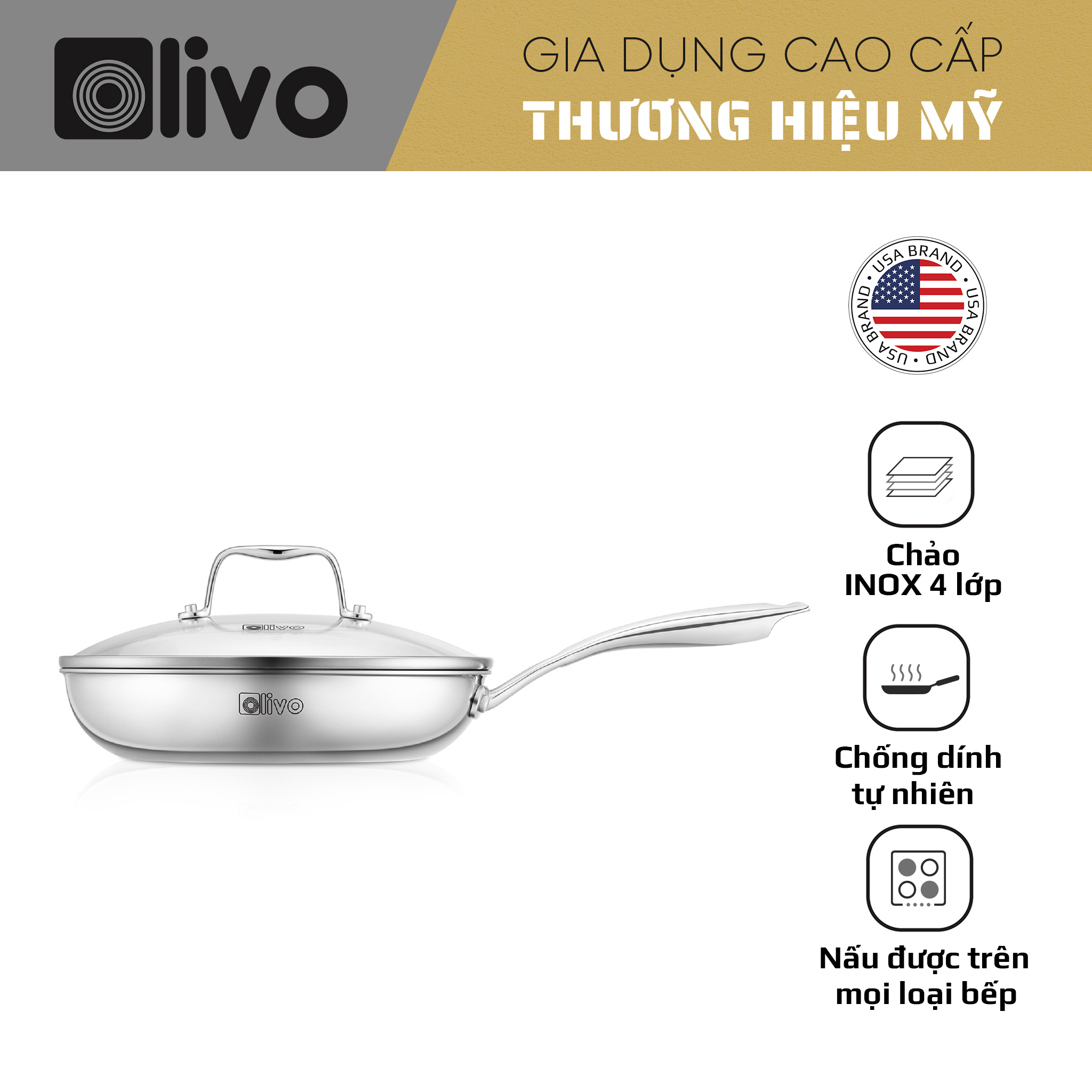 CHẢO 4 LỚP INOX OLIVO STEVE X - Chống Dính Tự Nhiên, Đường Kính 24cm – Nấu Được Trên Mọi Loại Bếp