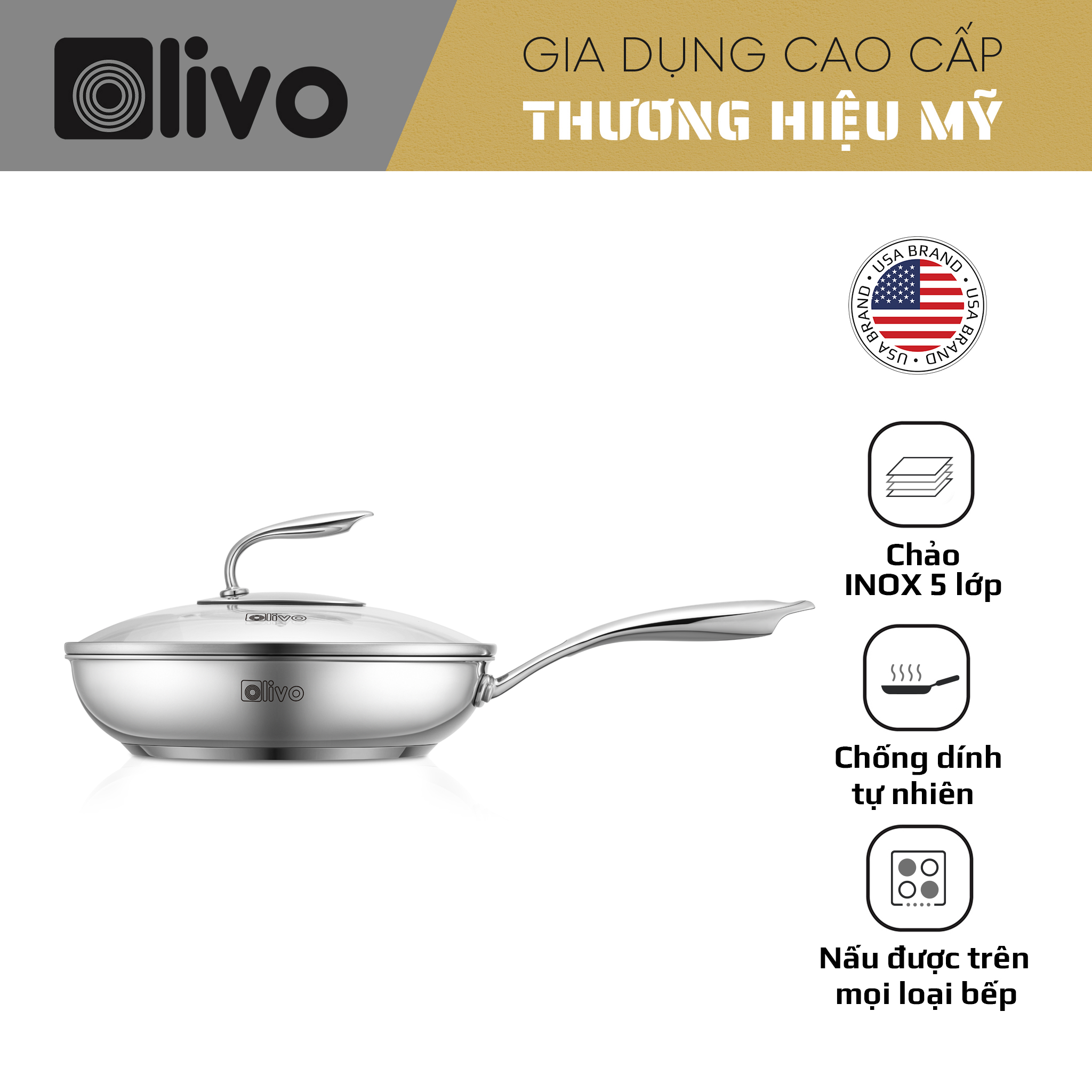 Chảo INOX OLIVO STEVE X PRO - Chống Dính Tự Nhiên, Đáy 5 Lớp, Đường Kính 24cm – Nấu Được Trên Mọi Loại Bếp