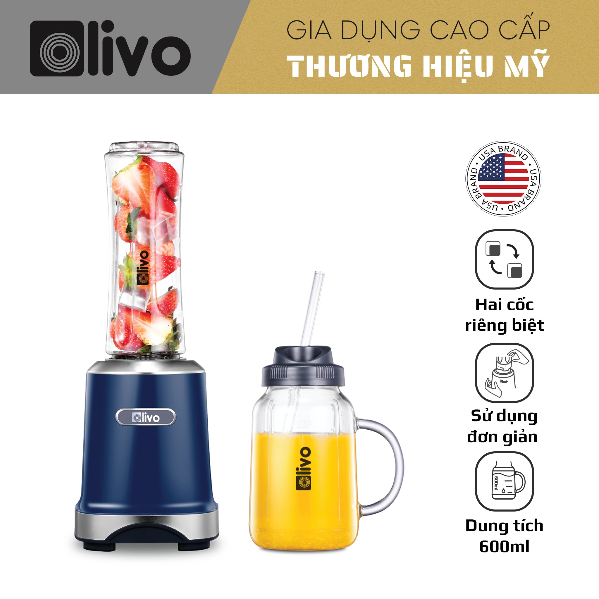 Máy Xay Sinh Tố OLIVO MB300 - 2 Cốc Linh Hoạt - Xay Đá Bào, Sinh Tố, Smoothie - Dung Tích 600ML