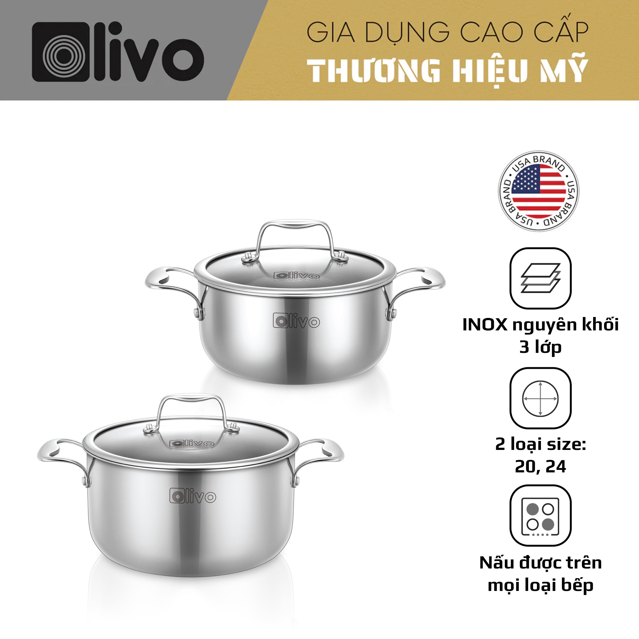 Bộ 2 Nồi OLIVO DAVINCI - Đa Dạng Kích Thước - Inox 3 Lớp - Nắp Kính Cường Lực - Nấu Được Trên Mọi Loại Bếp