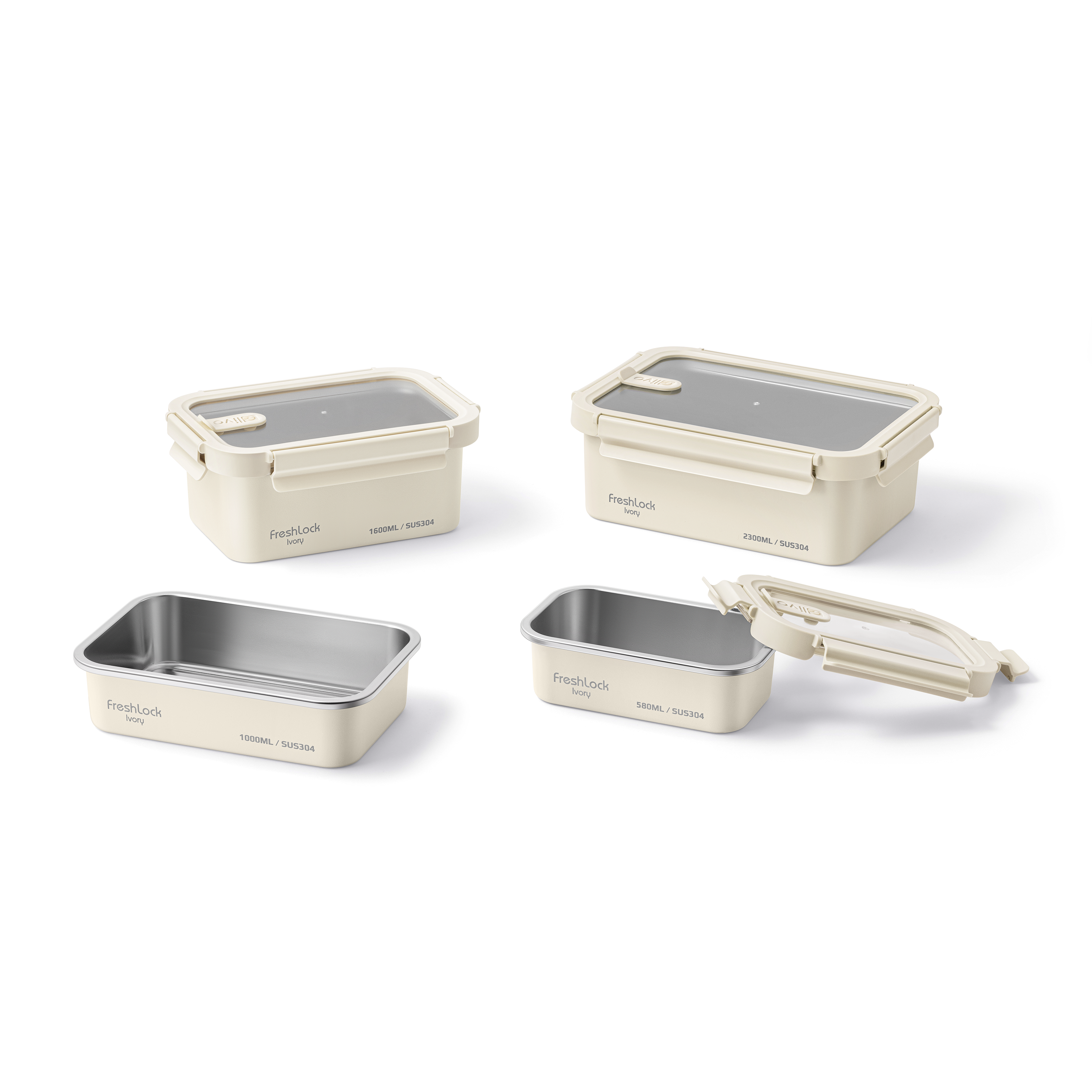 Bộ Hộp Bảo Quản Thực Phẩm OLIVO FRESHLOCK IVORY - Bộ 4 Hộp, Đa Dạng Kích Thước, Thân Hộp Inox 304 Sơn Tĩnh Điện, Nắp Nhựa AS Không Chứa BPA, Gioăng Silicon Chống Rò Rỉ, Tiện Lợi, Gọn Gàng