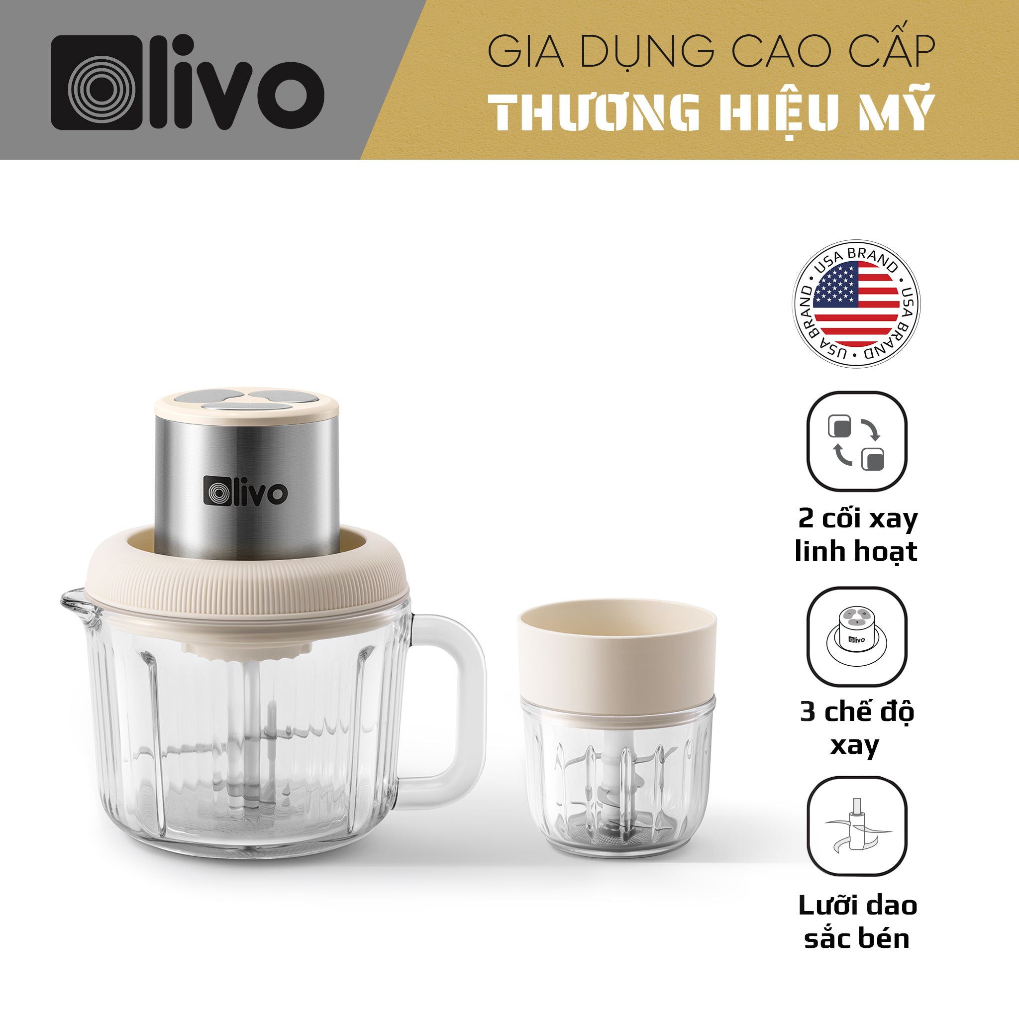 Máy Xay Thực Phẩm Đa Năng OLIVO FC25 - 2 Cối Xay - Dung Tích 2L Và 300ML - Công Suất 300W - 3 Chế Độ Xay