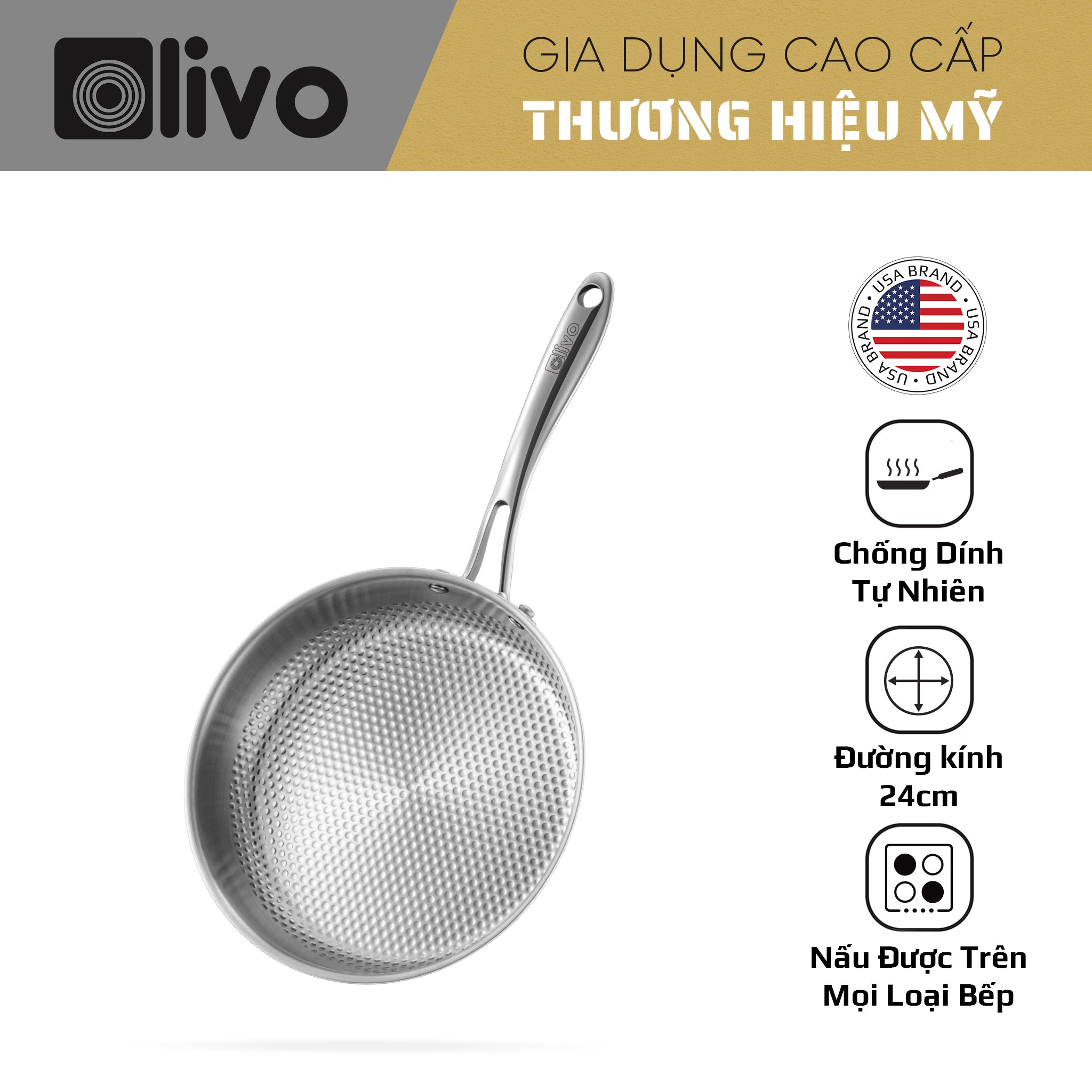 Chảo INOX OLIVO STEVE 2455 PRO - Lòng Chảo Vân Tròn - Chống Dính Tự Nhiên - Đường Kính 24Cm - Sâu Lòng 5.5Cm - Nấu Được Trên Mọi Loại Bếp