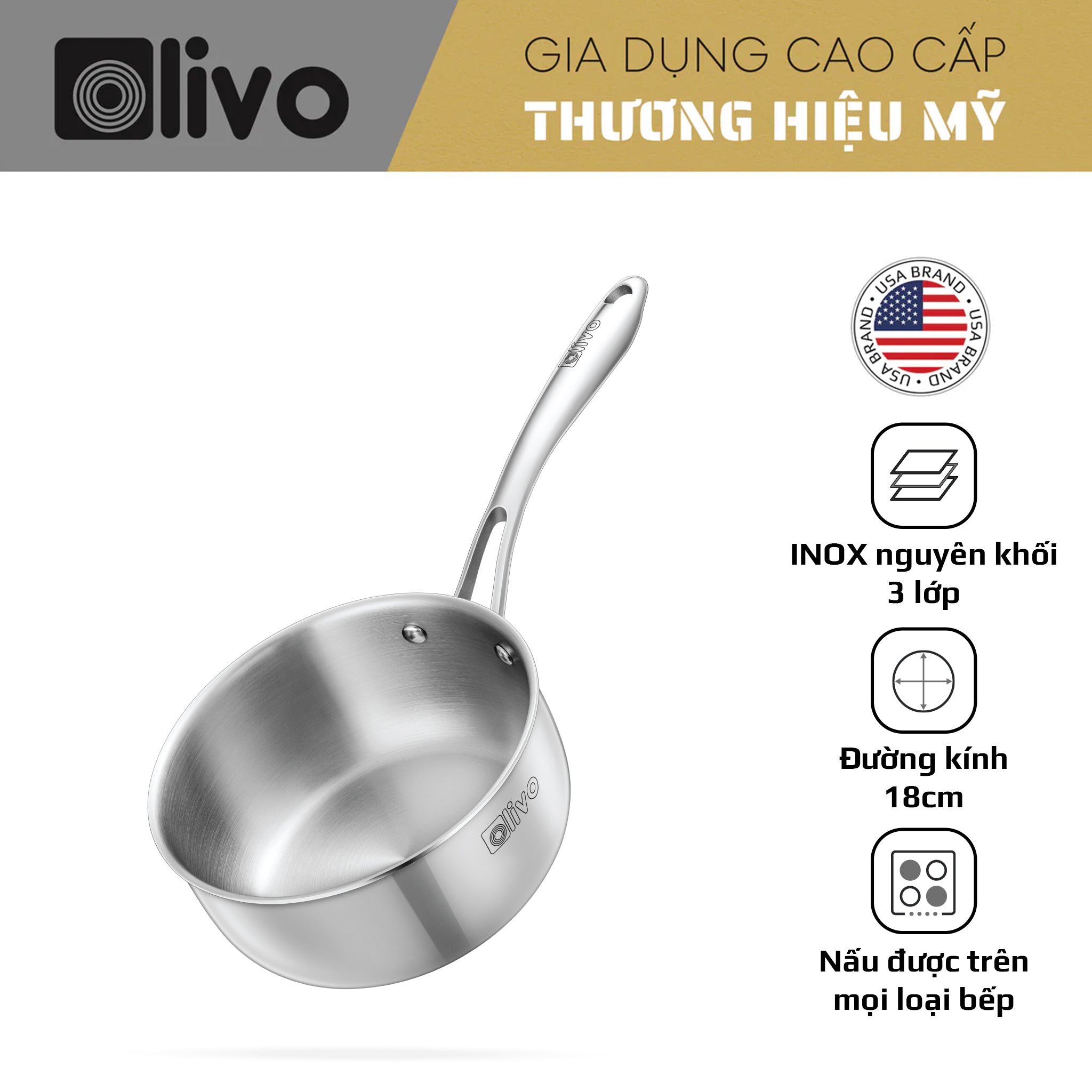 Quánh INOX OLIVO Davinci SD1885 - Kích Thước Nhỏ Gọn - Đường Kính 18Cm - Sâu Lòng 8.5Cm - Nấu Được Trên Mọi Loại Bếp