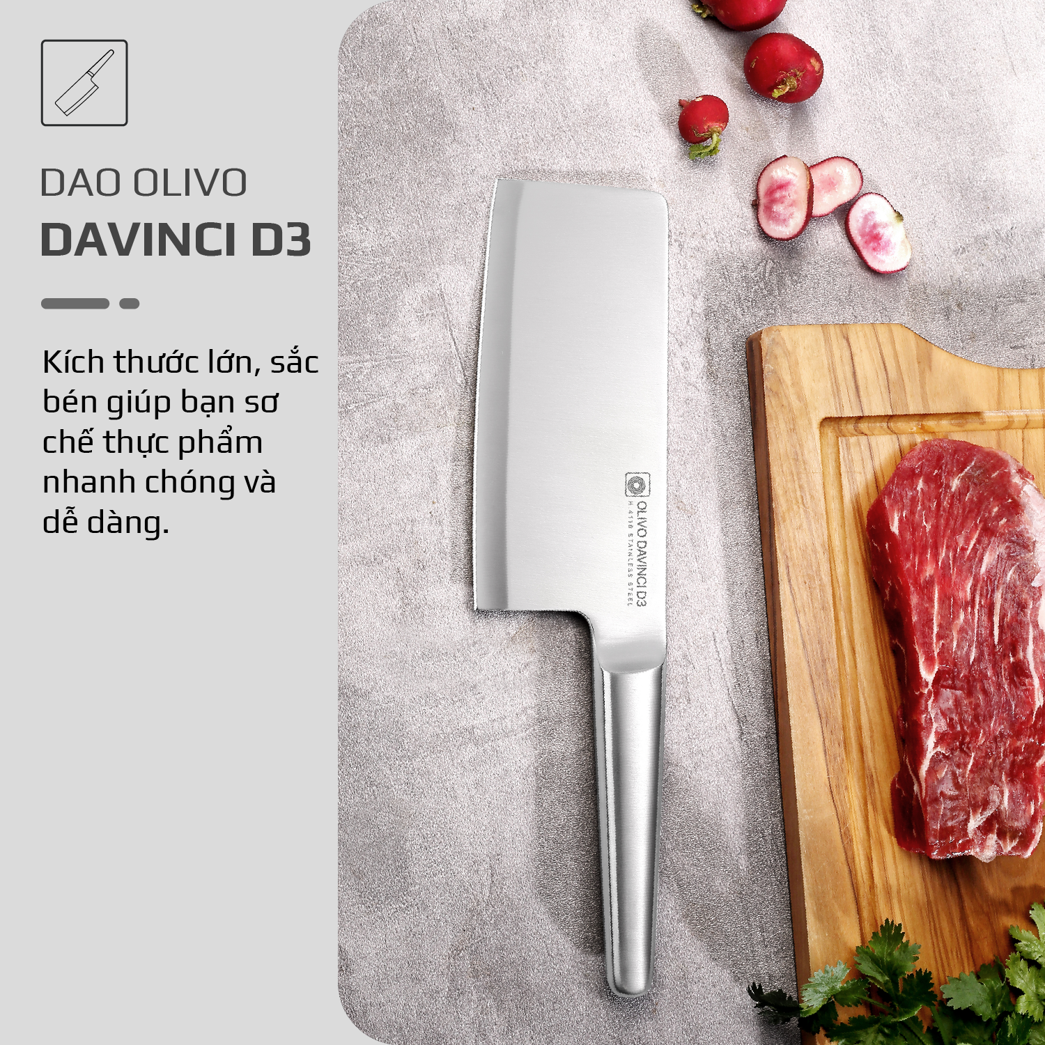 Bộ Dao 3 Món OLIVO DAVINCI - Vật Liệu Cao Cấp - Lưỡi Dao Sắc Bén - Thiết Kế Công Thái Học - Chuôi INOX 430 Siêu Bền