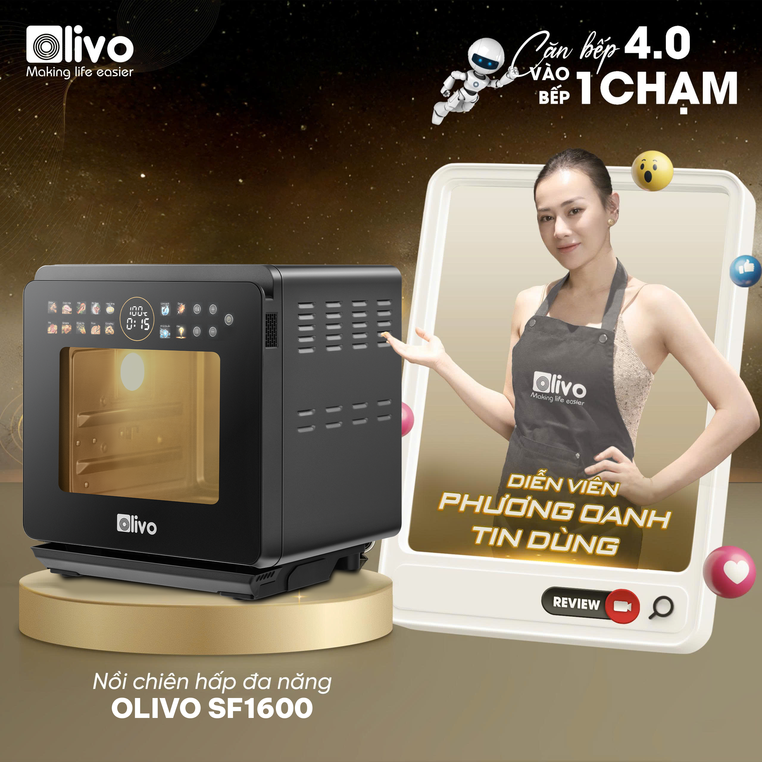 Nồi Chiên Hấp Đa Năng OLIVO SF1600 - Phiên bản Đặc Biệt cao cấp nhất, Màn hình OLED hiện đại, 70 chế độ cài sẵn, Dung tích 16L, Vệ sinh dễ dàng