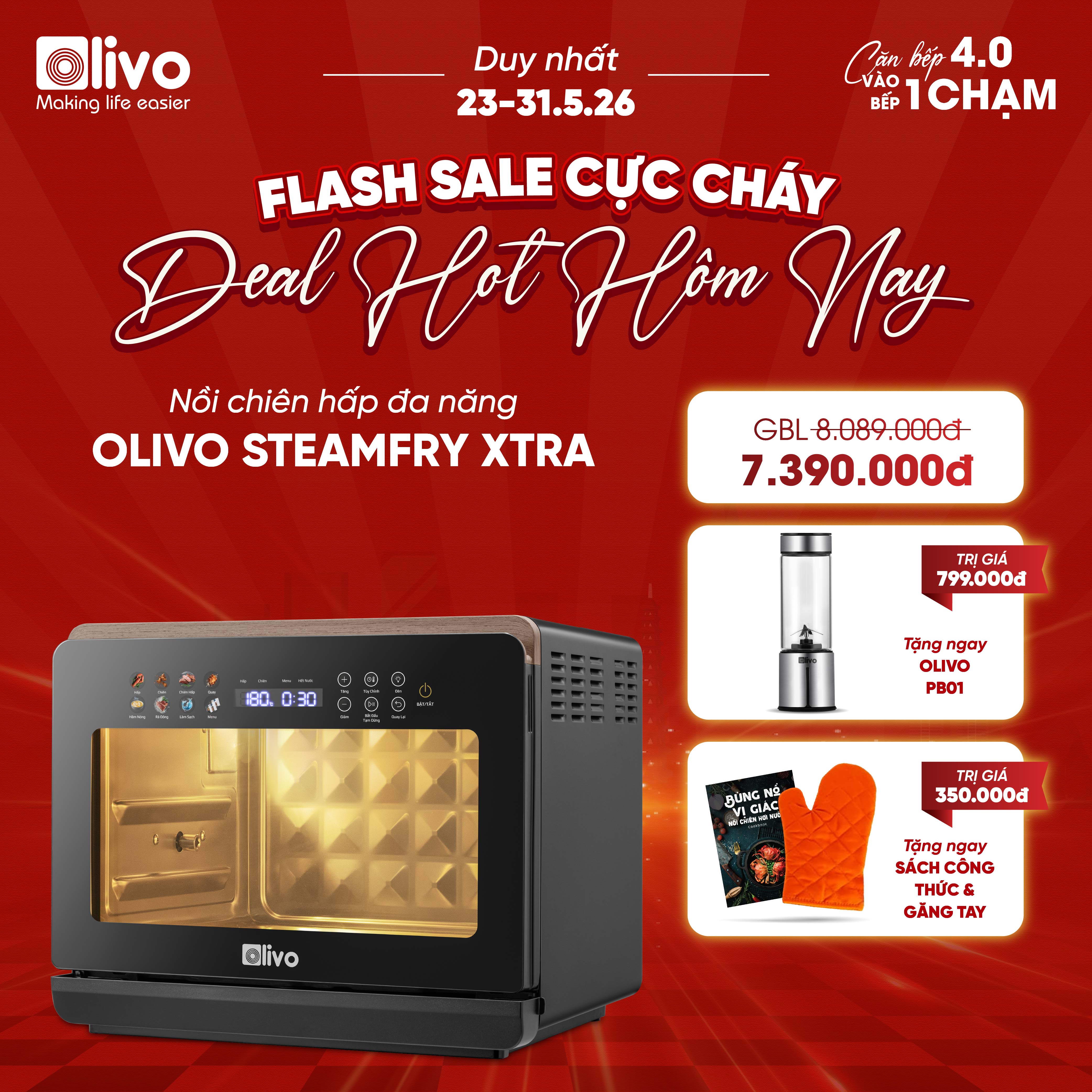 Nồi Chiên Hấp Đa Năng OLIVO SteamFry Xtra – Phiên Bản Cao Cấp, Bảng Điều Khiển OLED, Dung tích vượt trội 20L, Hấp Nano Steam/Chiên Eco Fry thế hệ thứ 2, 70 Chế Độ Cài Sẵn, Vệ Sinh Dễ Dàng