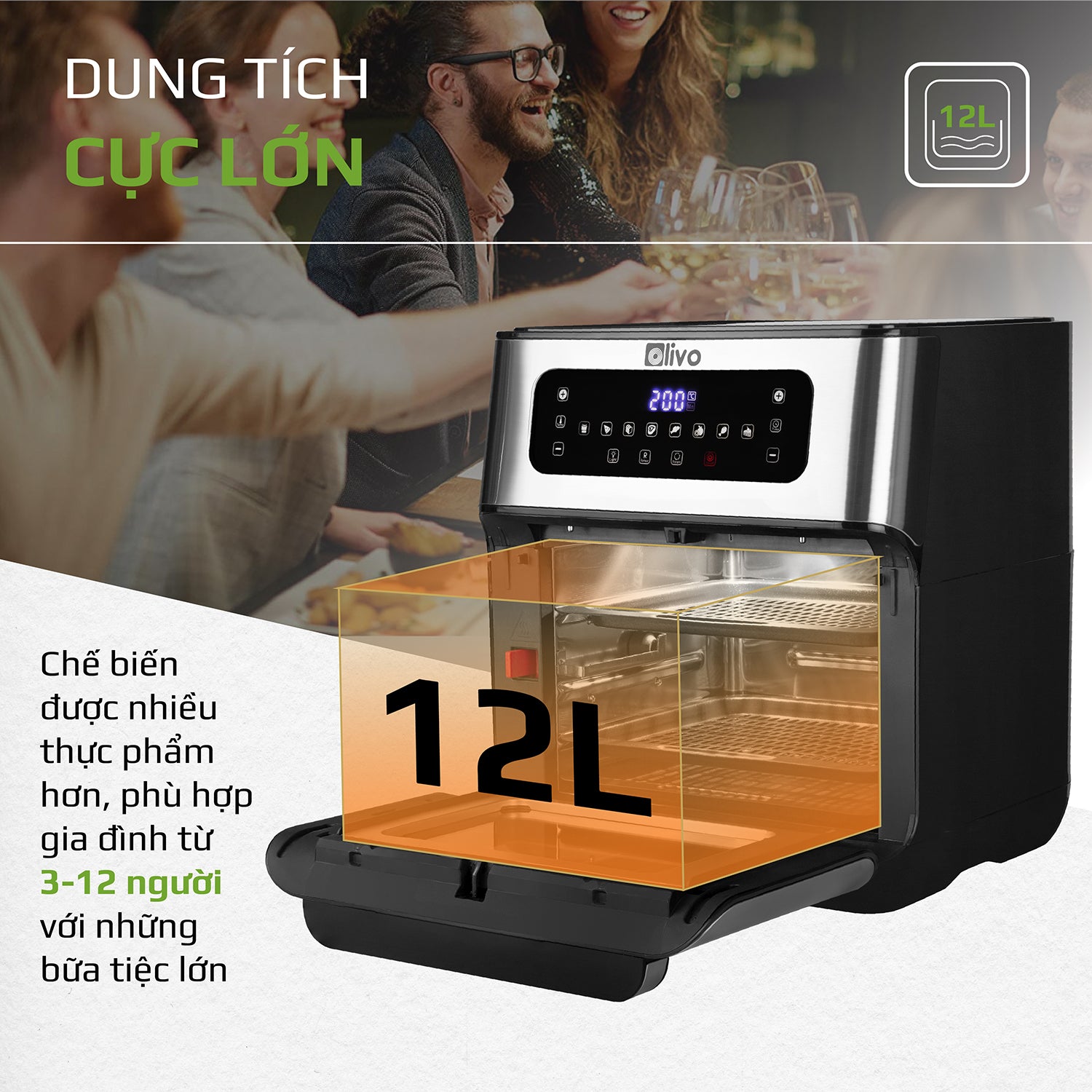 Nồi Chiên Không Dầu OLIVO AF12- Dung Tích 12L - Công Suất 1800W