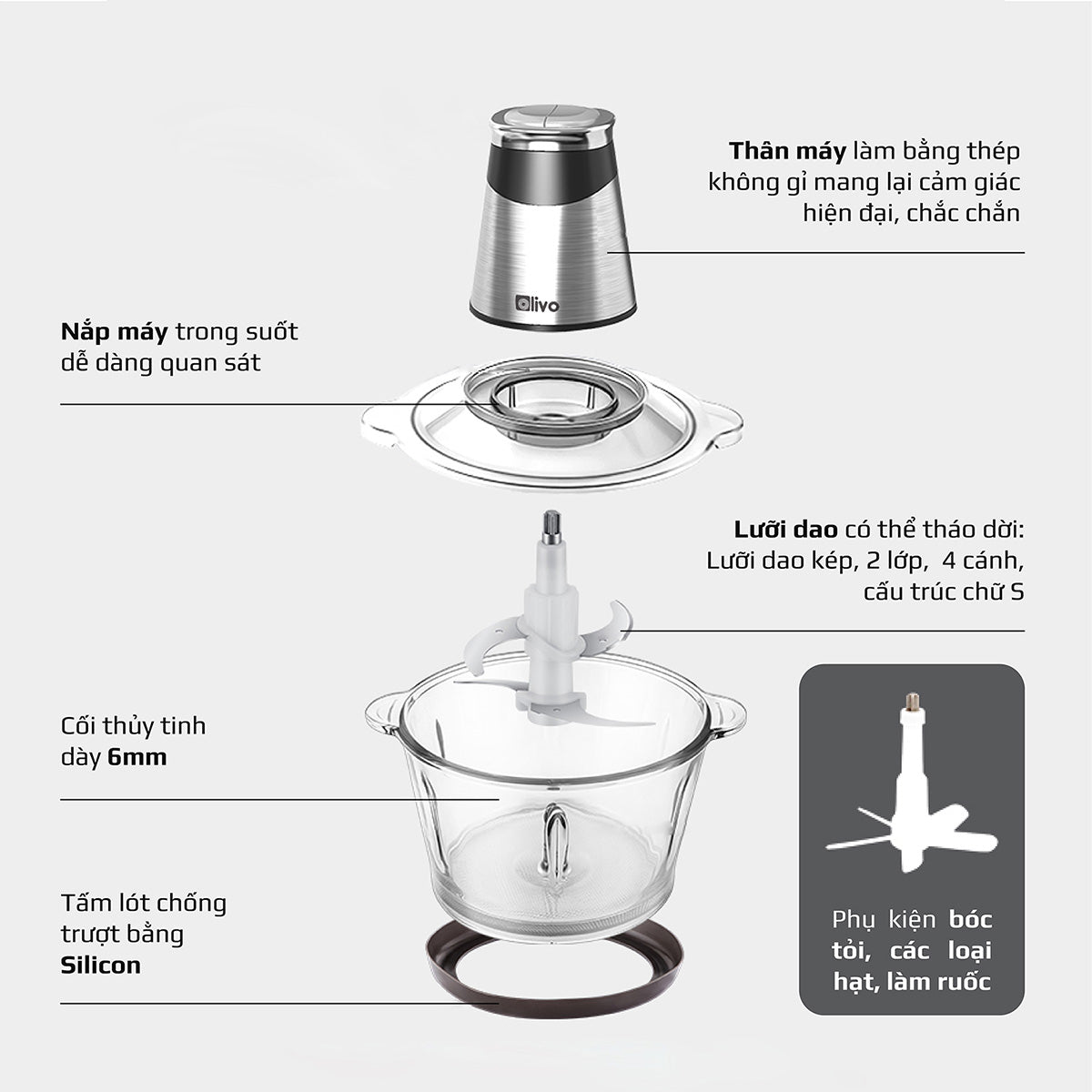 Máy Xay Thực Phẩm Đa Năng OLIVO FC21 - Dung Tích 2.1L - Công Suất 500W