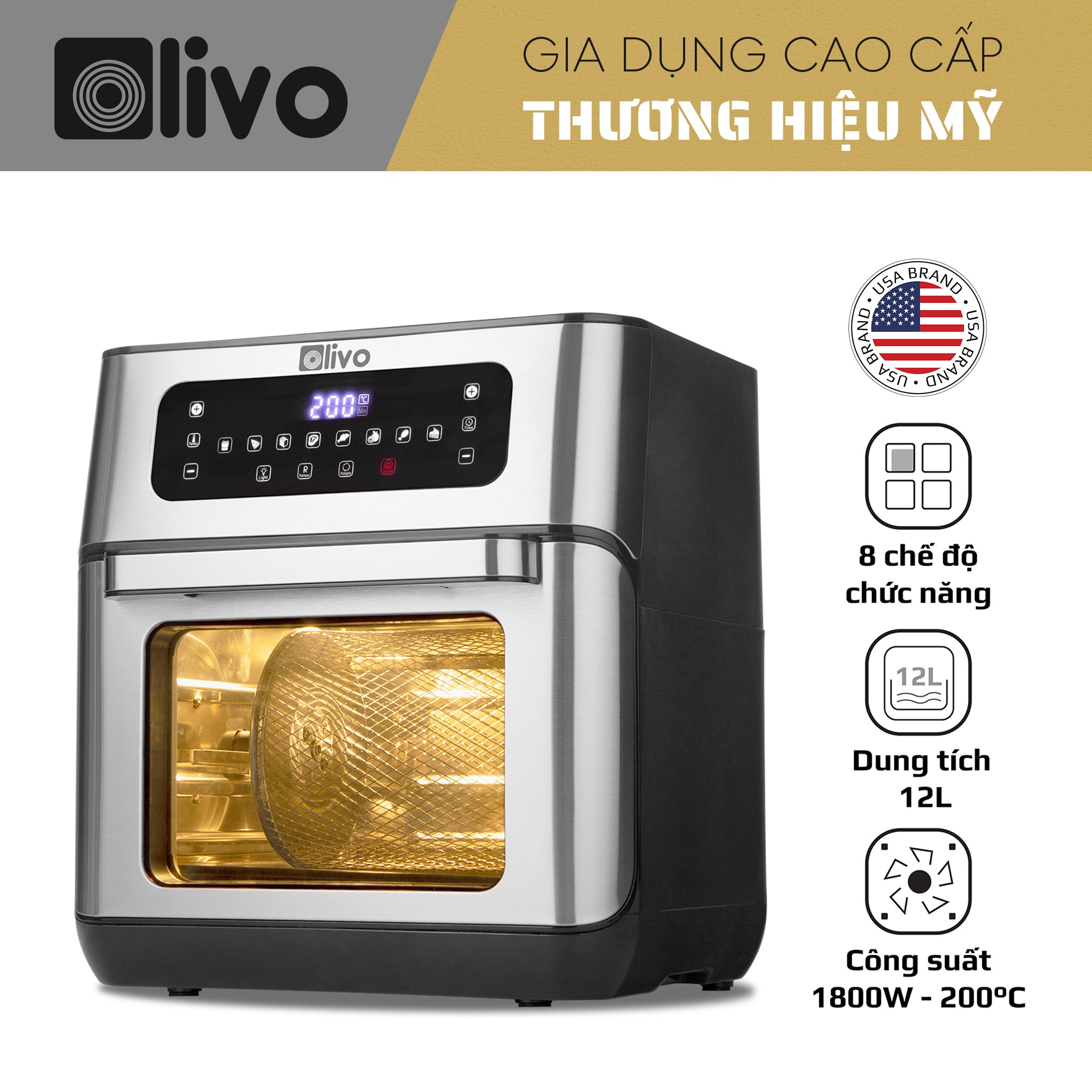 Nồi Chiên Không Dầu OLIVO AF12- Dung Tích 12L - Công Suất 1800W