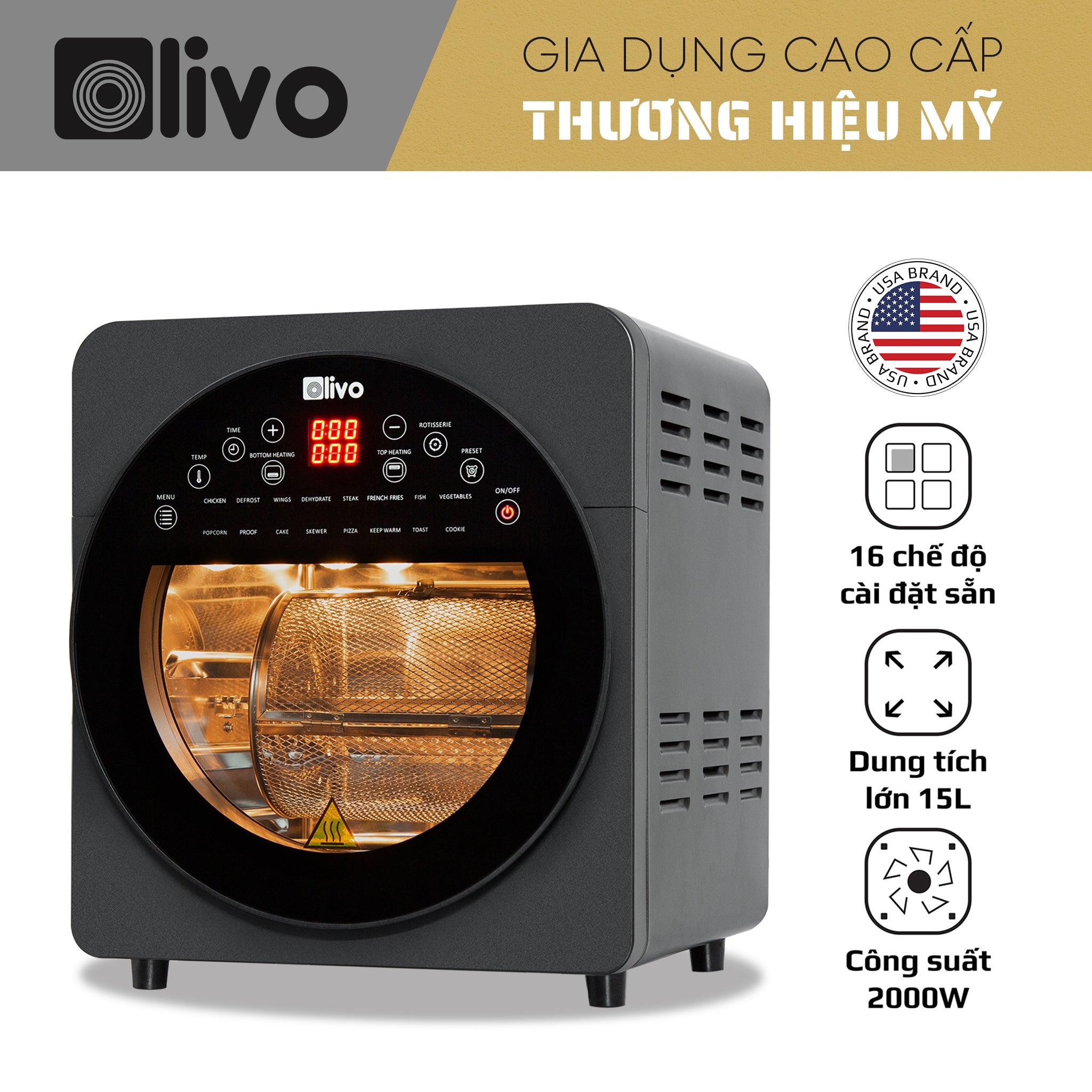 Nồi Chiên Không Dầu OLIVO AF15 - 16 Chức Năng - Dung Tích 15L - Công Suất 2000W