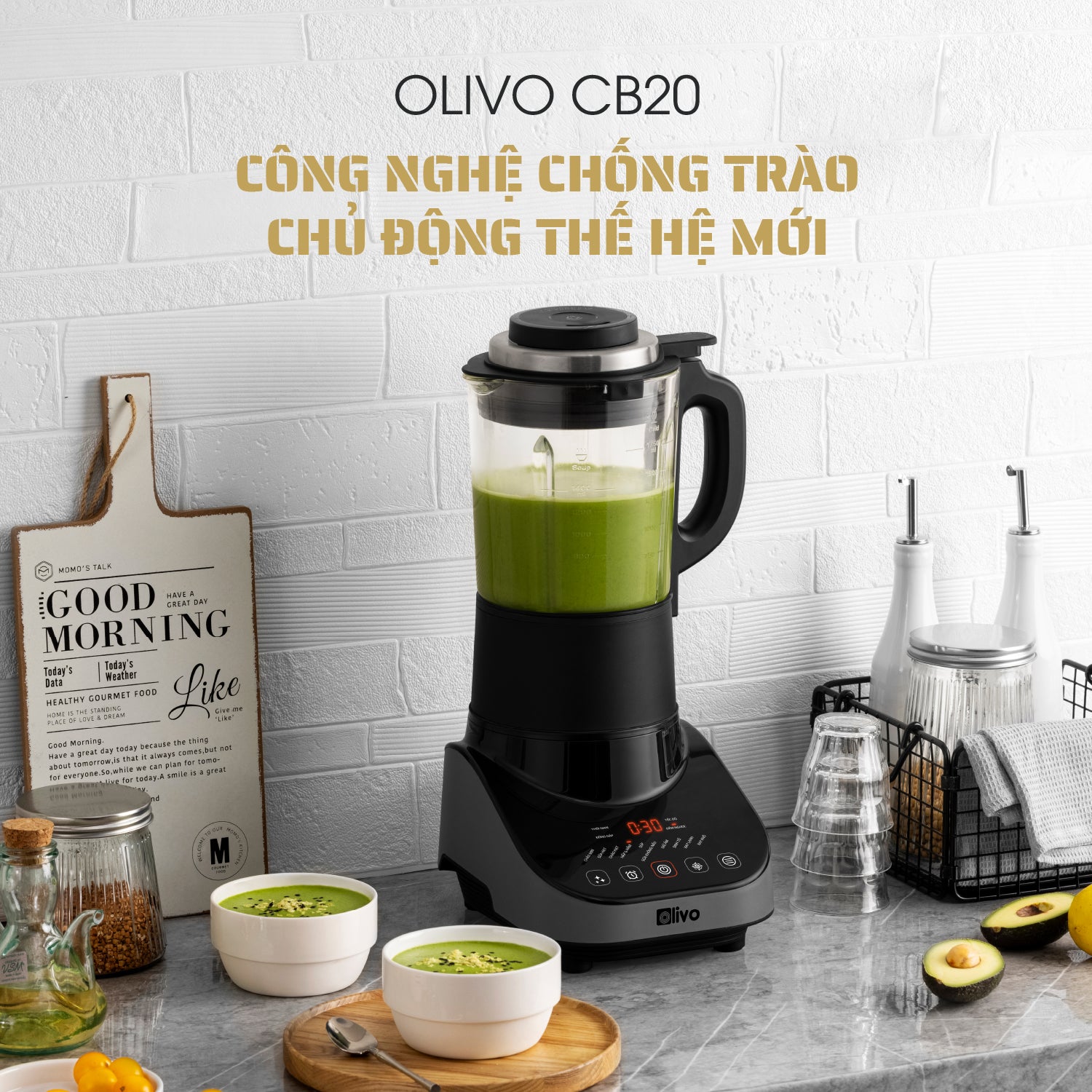 Máy Xay Nấu Đa Năng OLIVO CB20 - Độ Ồn Thấp Nhất - Chống Trào Tuyệt Đối - Vệ Sinh Khử Khuẩn - Chống Dính Gốm