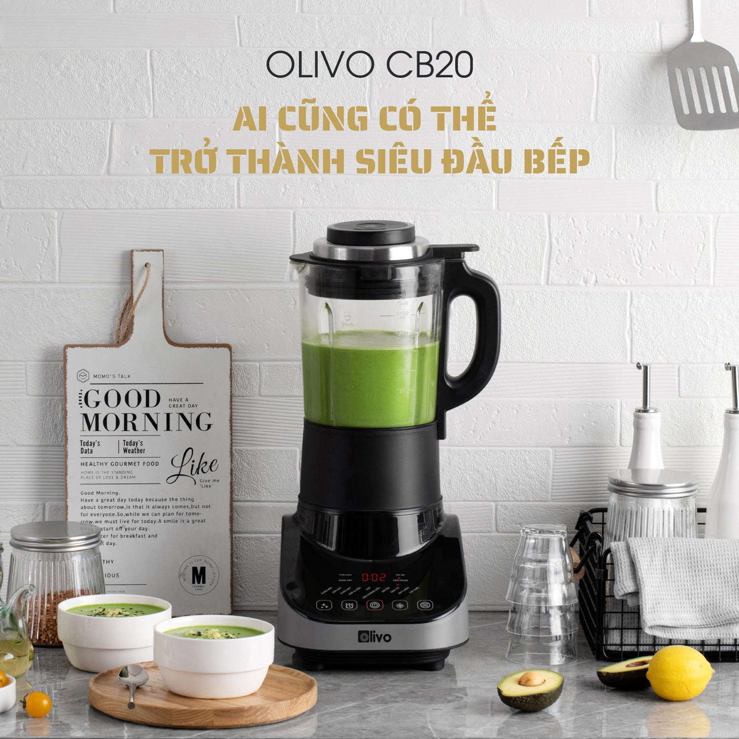 Máy Xay Nấu Đa Năng OLIVO CB20 - Độ Ồn Thấp Nhất - Chống Trào Tuyệt Đối - Vệ Sinh Khử Khuẩn - Chống Dính Gốm