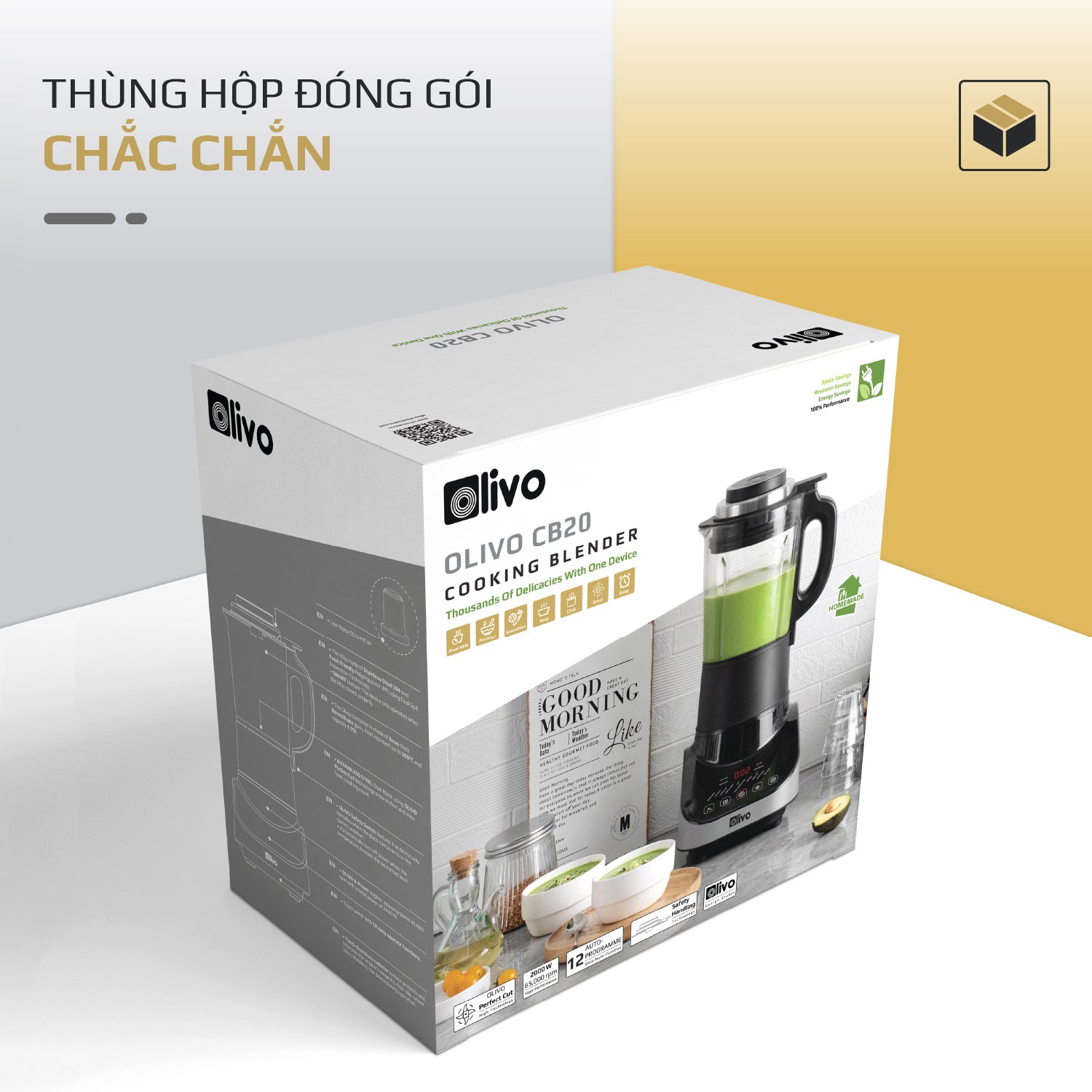 Máy Xay Nấu Đa Năng OLIVO CB20 - Độ Ồn Thấp Nhất - Chống Trào Tuyệt Đối - Vệ Sinh Khử Khuẩn - Chống Dính Gốm