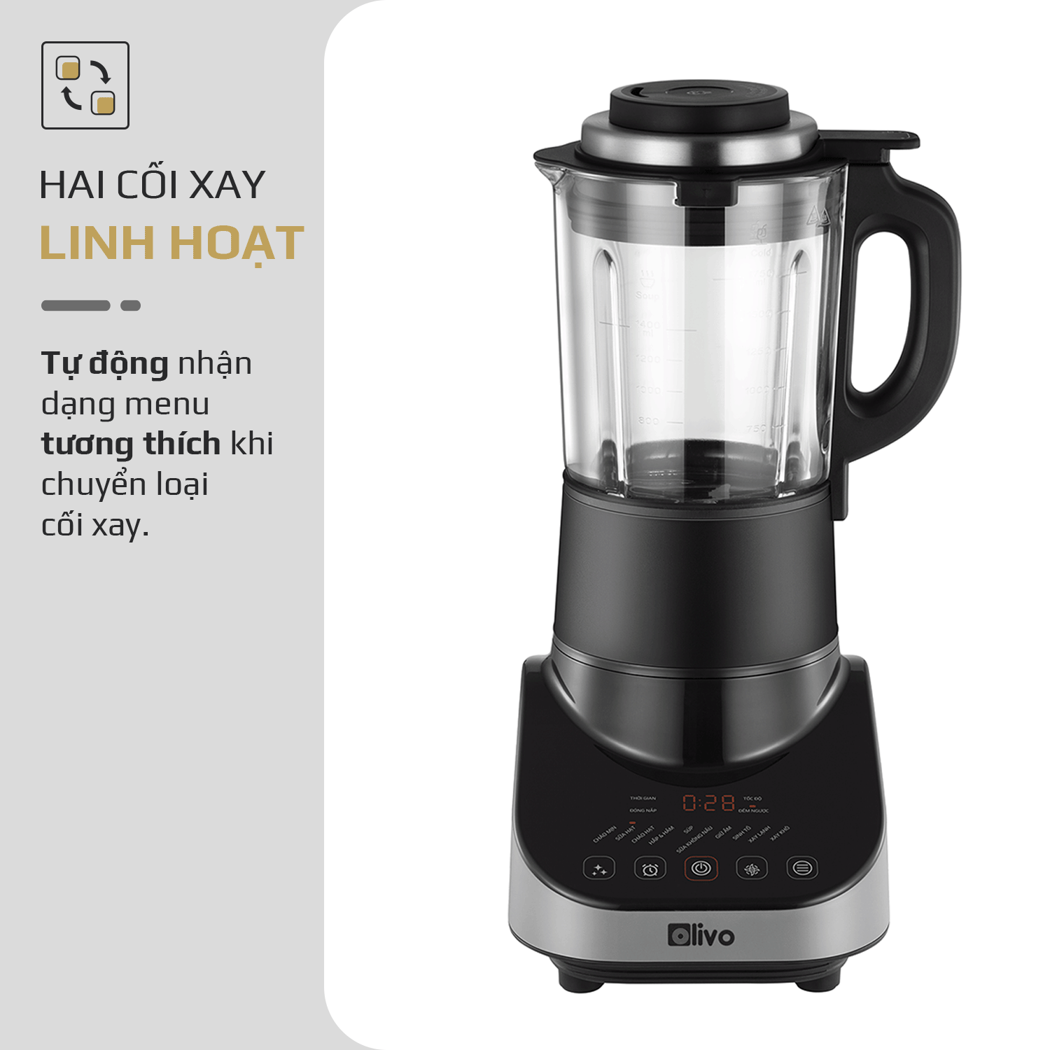 Máy Xay Nấu Đa Năng OLIVO CB20 - Độ Ồn Thấp Nhất - Chống Trào Tuyệt Đối - Vệ Sinh Khử Khuẩn - Chống Dính Gốm