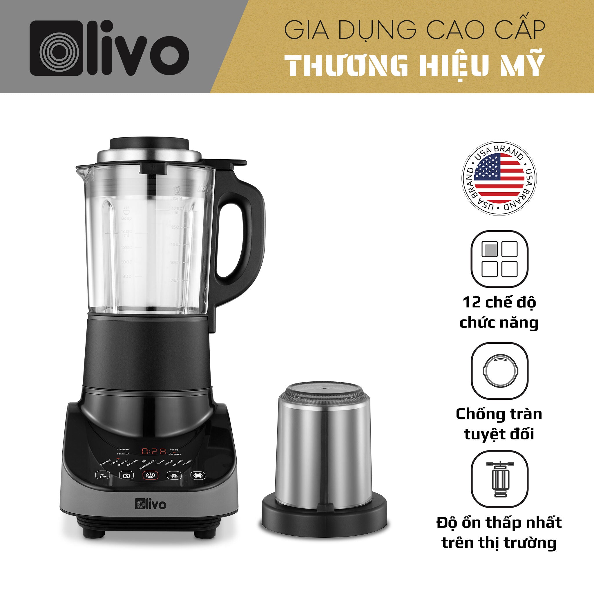 Máy Xay Nấu Đa Năng OLIVO CB20 - Độ Ồn Thấp Nhất - Chống Trào Tuyệt Đối - Vệ Sinh Khử Khuẩn - Chống Dính Gốm