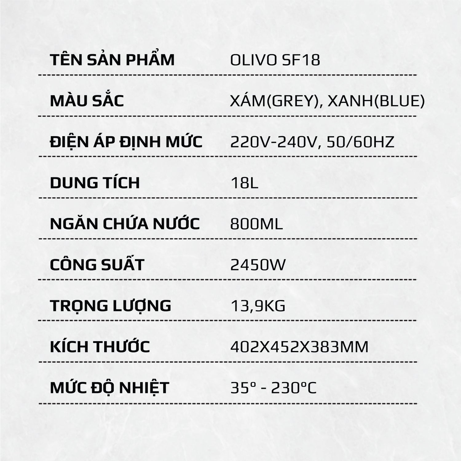 Nồi Chiên Hơi Nước OLIVO SF18 - 50 Chức Năng - Dung Tích 18L - Công Suất 2450W