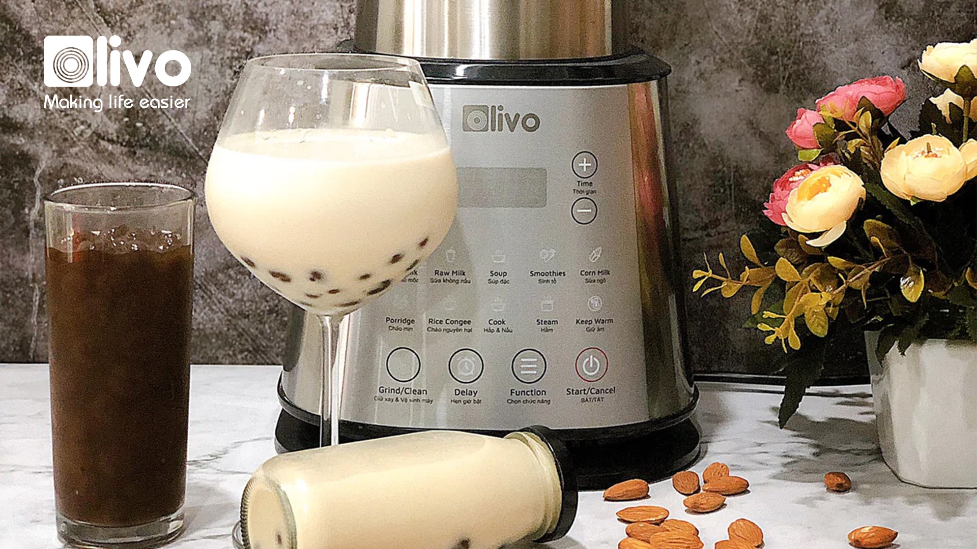 Cách làm sữa trân châu đường nâu đơn giản với máy Olivo X20