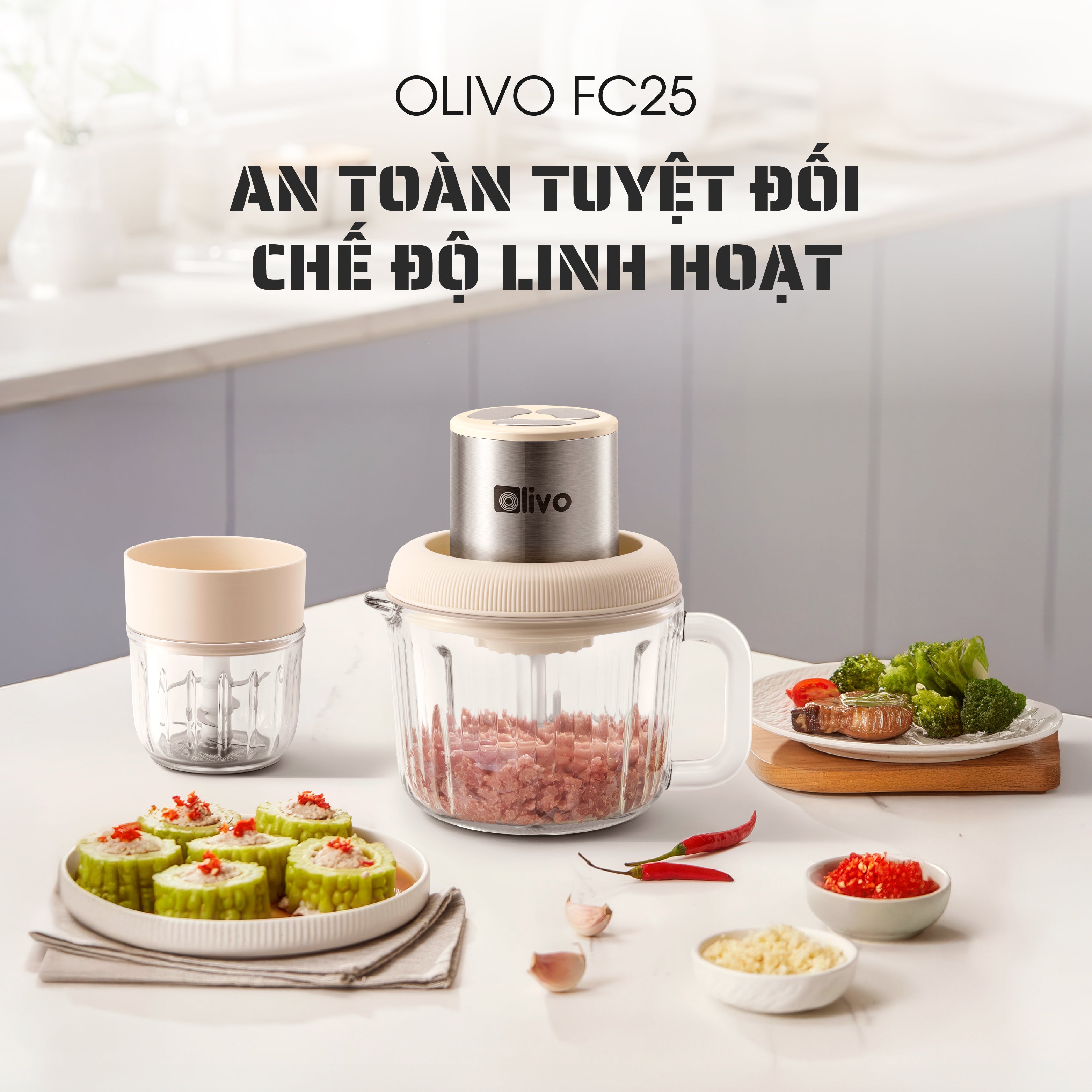 Máy Xay Thực Phẩm Đa Năng OLIVO FC25 - 2 Cối Xay - Dung Tích 2L Và 300ML - Công Suất 300W - 3 Chế Độ Xay