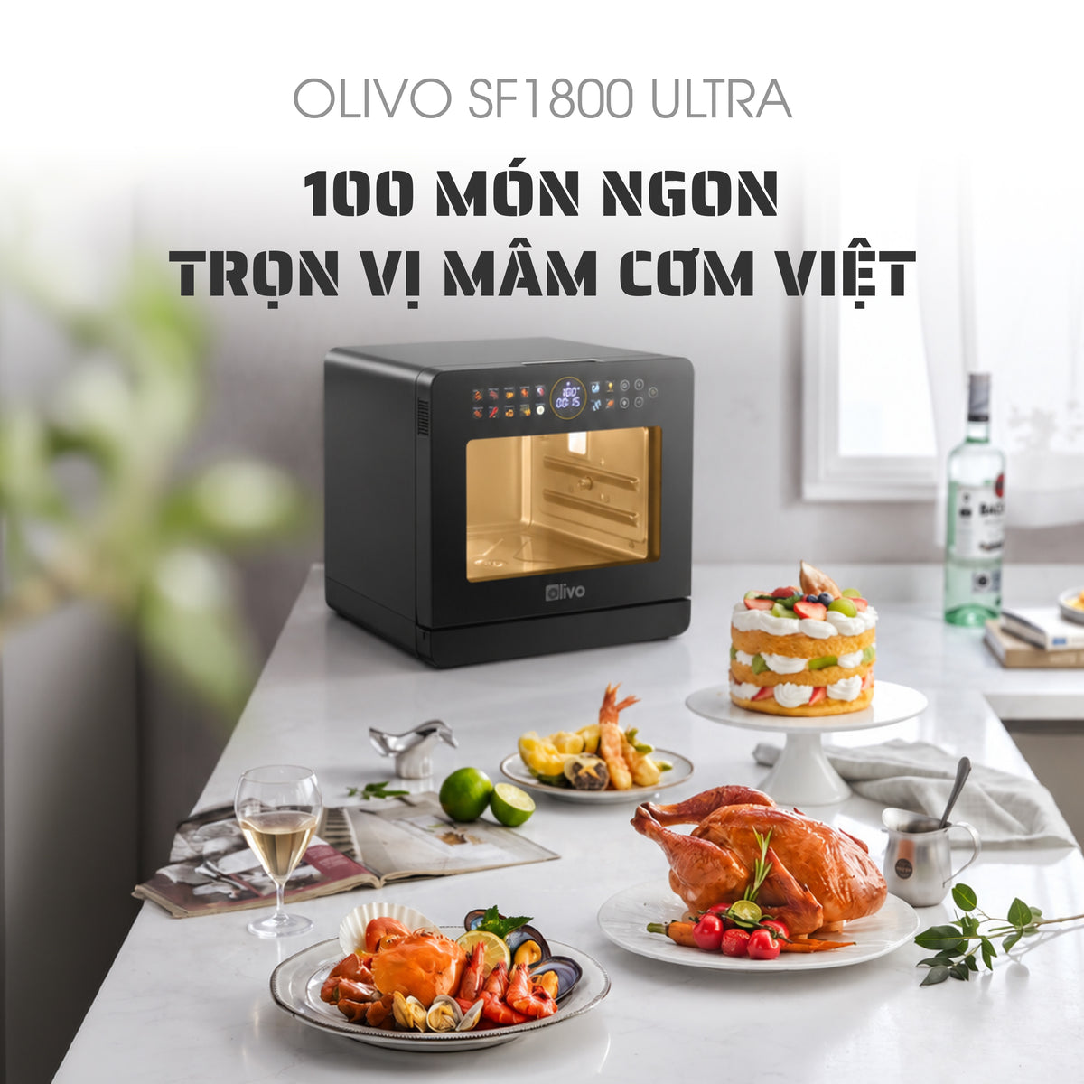 Nồi Chiên Hấp Đa Năng OLIVO SF1800 ULTRA - Dung Tích 18L - Công Nghệ Hấp GreenSteam/Chiên Eco Fry, 100 Chế Độ Cài Sẵn, Đột Phá Chiên Hấp Đa Giai Đoạn, Màu Titanium, Bảng Điều Khiển OLED Cao Cấp