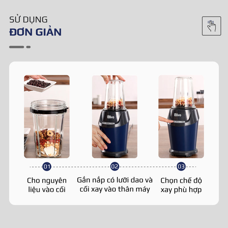 Máy Xay Sinh Tố OLIVO MB1000 - Ba Cốc Xay Linh Hoạt - Xay Đá Bào, Xay Sinh Tố, Smoothie, Đồ Ăn Dặm Cho Bé, Xay Đồ Khô - Công Suất Lớn 1000W