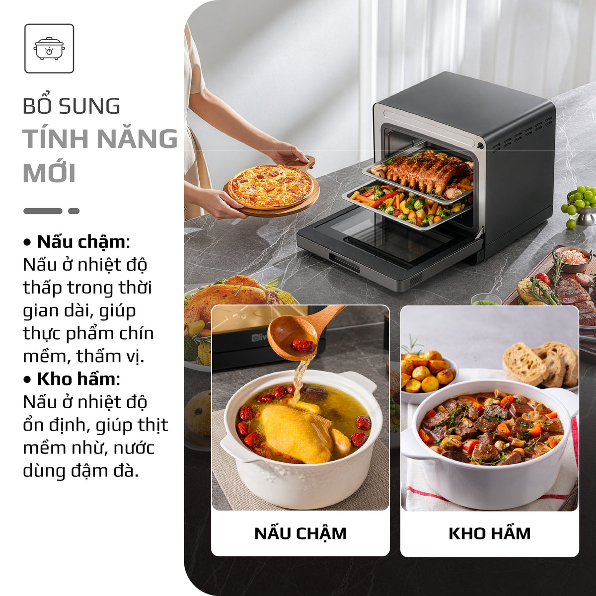 Nồi Chiên Hấp Đa Năng OLIVO SF1800 ULTRA - Dung Tích 18L - Công Nghệ Hấp GreenSteam/Chiên Eco Fry, 100 Chế Độ Cài Sẵn, Đột Phá Chiên Hấp Đa Giai Đoạn, Màu Titanium, Bảng Điều Khiển OLED Cao Cấp