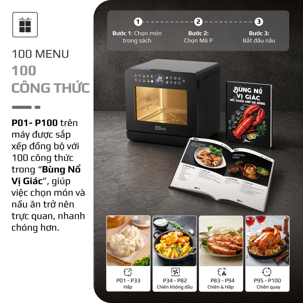 Nồi Chiên Hấp Đa Năng OLIVO SF1800 ULTRA - Dung Tích 18L - Công Nghệ Hấp GreenSteam/Chiên Eco Fry, 100 Chế Độ Cài Sẵn, Đột Phá Chiên Hấp Đa Giai Đoạn, Màu Titanium, Bảng Điều Khiển OLED Cao Cấp