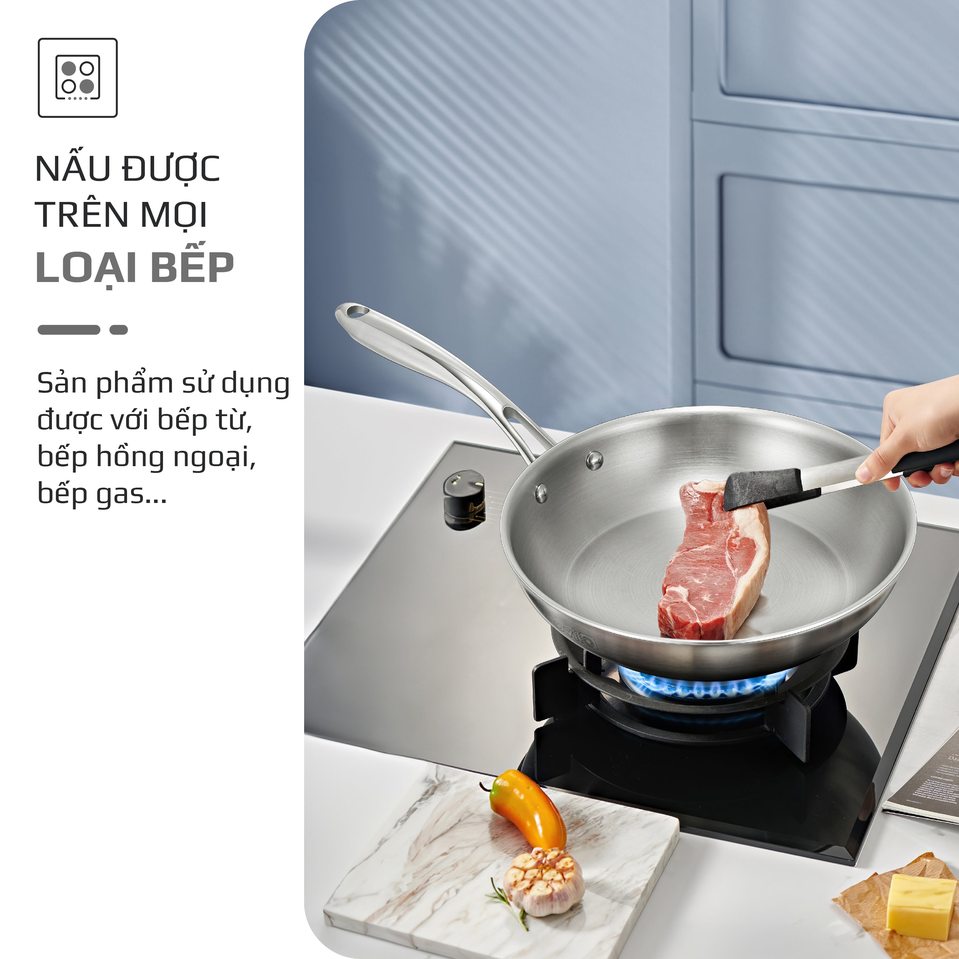 Chảo INOX OLIVO STEVE X PRO - Chống Dính Tự Nhiên, Đáy 5 Lớp, Đường Kính 24cm – Nấu Được Trên Mọi Loại Bếp