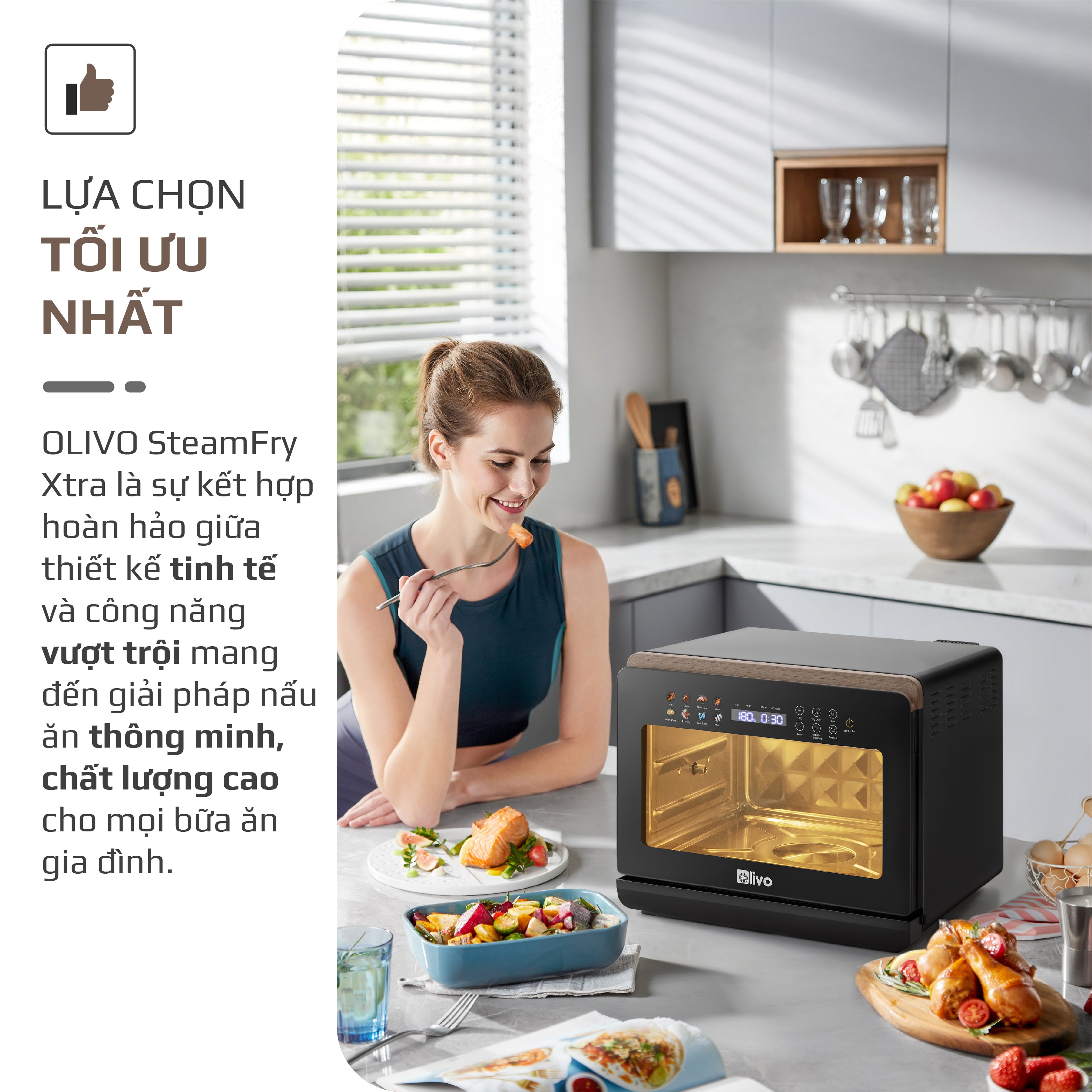 Nồi Chiên Hấp Đa Năng OLIVO SteamFry Xtra – Phiên Bản Cao Cấp, Bảng Điều Khiển OLED, Dung tích vượt trội 20L, Hấp Nano Steam/Chiên Eco Fry thế hệ thứ 2, 70 Chế Độ Cài Sẵn, Vệ Sinh Dễ Dàng
