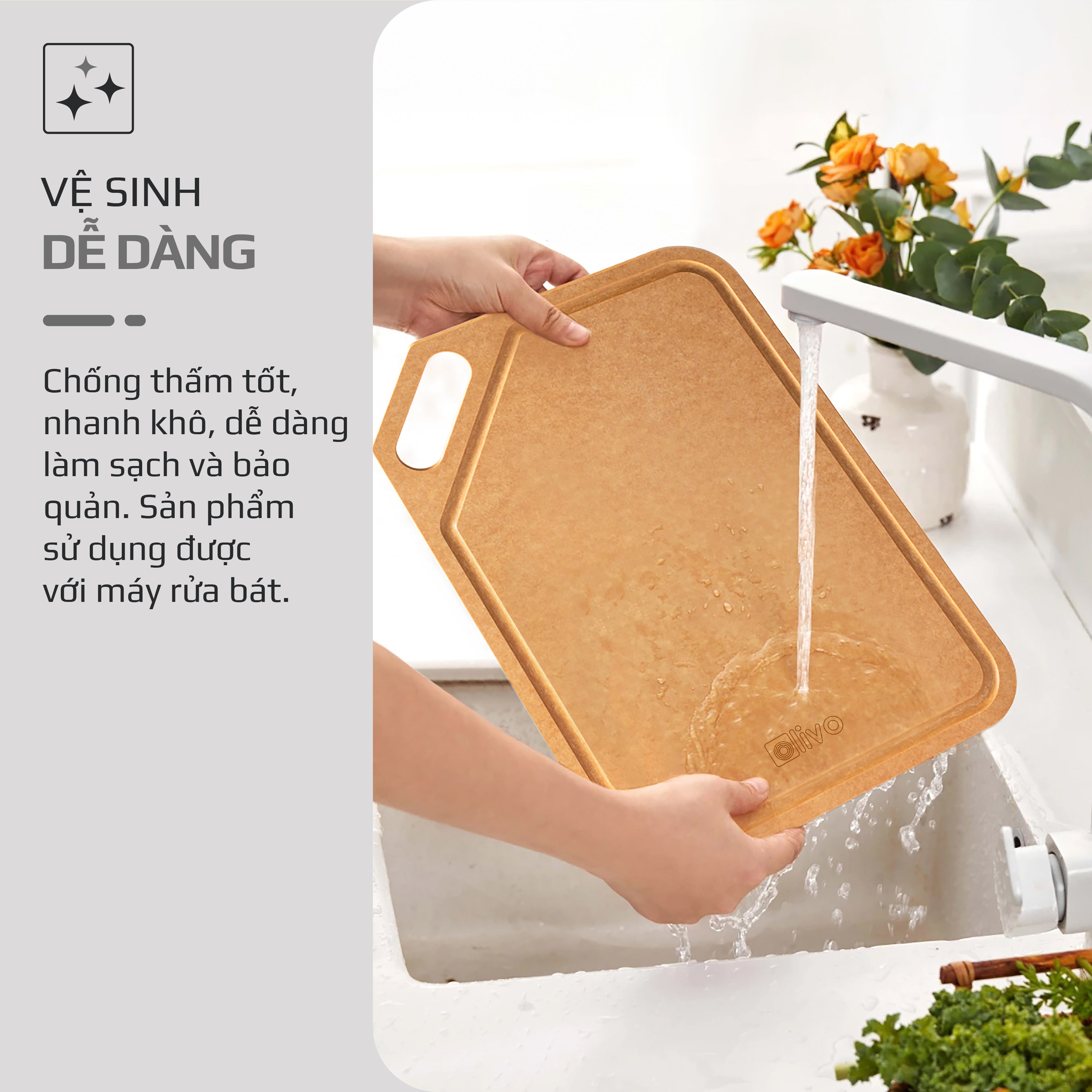 Thớt Sợi Gỗ OLIVO Wood Fiber K30S – K37S – Chống Cong Vênh, Ẩm Mốc, Không Bám Mùi Thực Phẩm – Sử Dụng Được Với Máy Rửa Bát